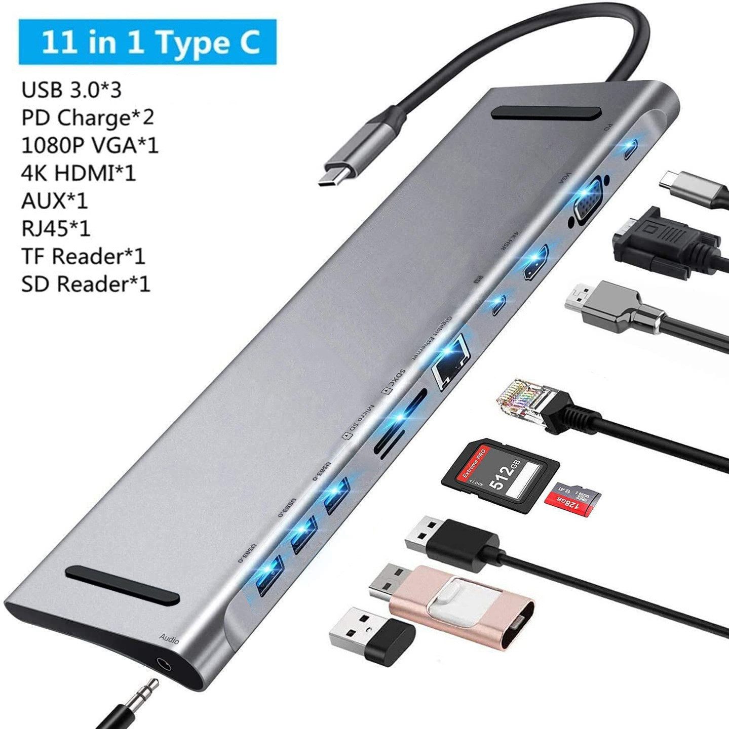 Revinta Laptop-Dockingstation 11 in 1 USB C A 3.0 Hub Adapter HDMI 4K Micro SD für Macbook Laptop TV