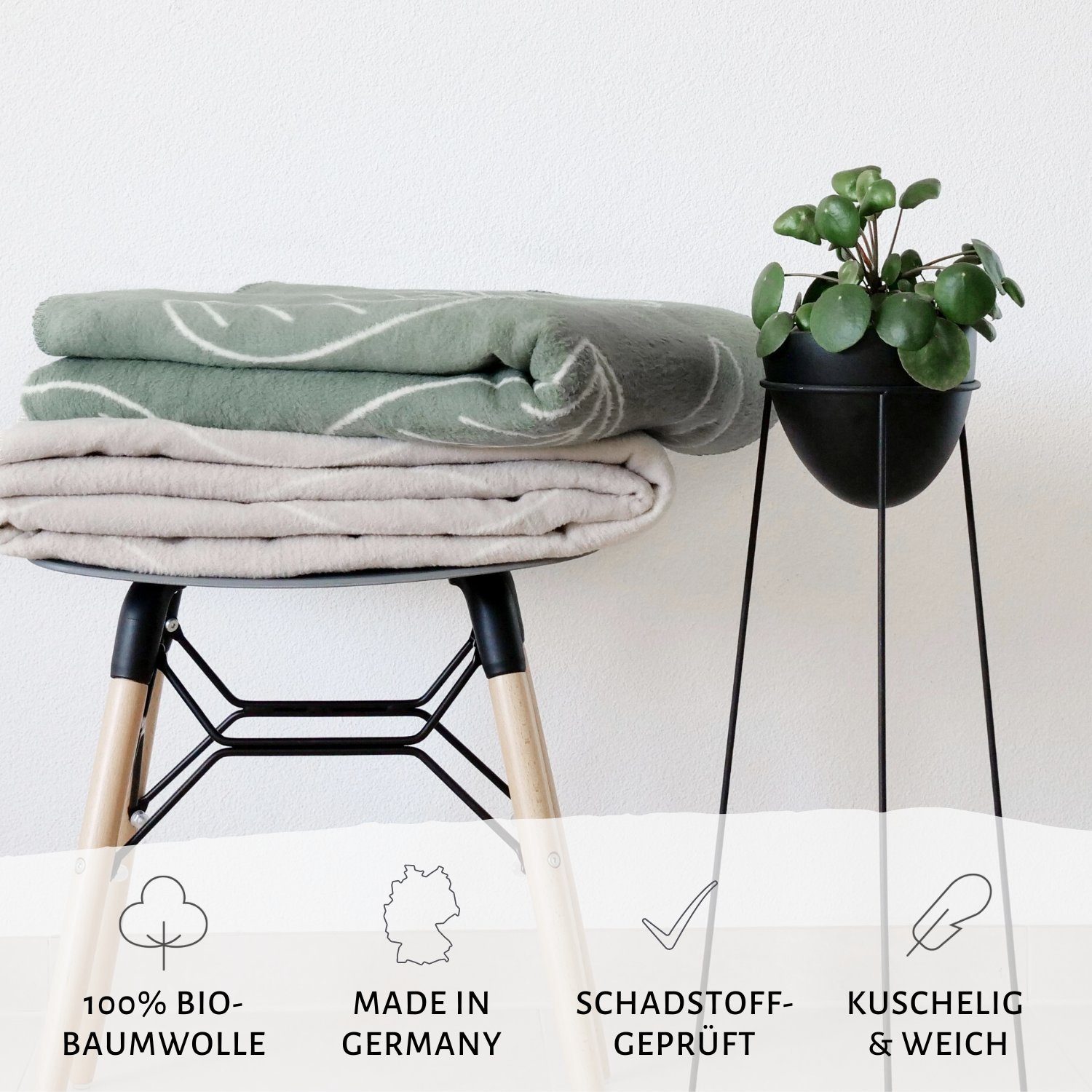 Wohndecke warme Wolldecke aus Baumwolle, 150x200cm für Erwachsene, RIEMA Germany, weiche Baumwolldecke aus 100% Bio-Baumwolle mit Blättern OEKOTEX