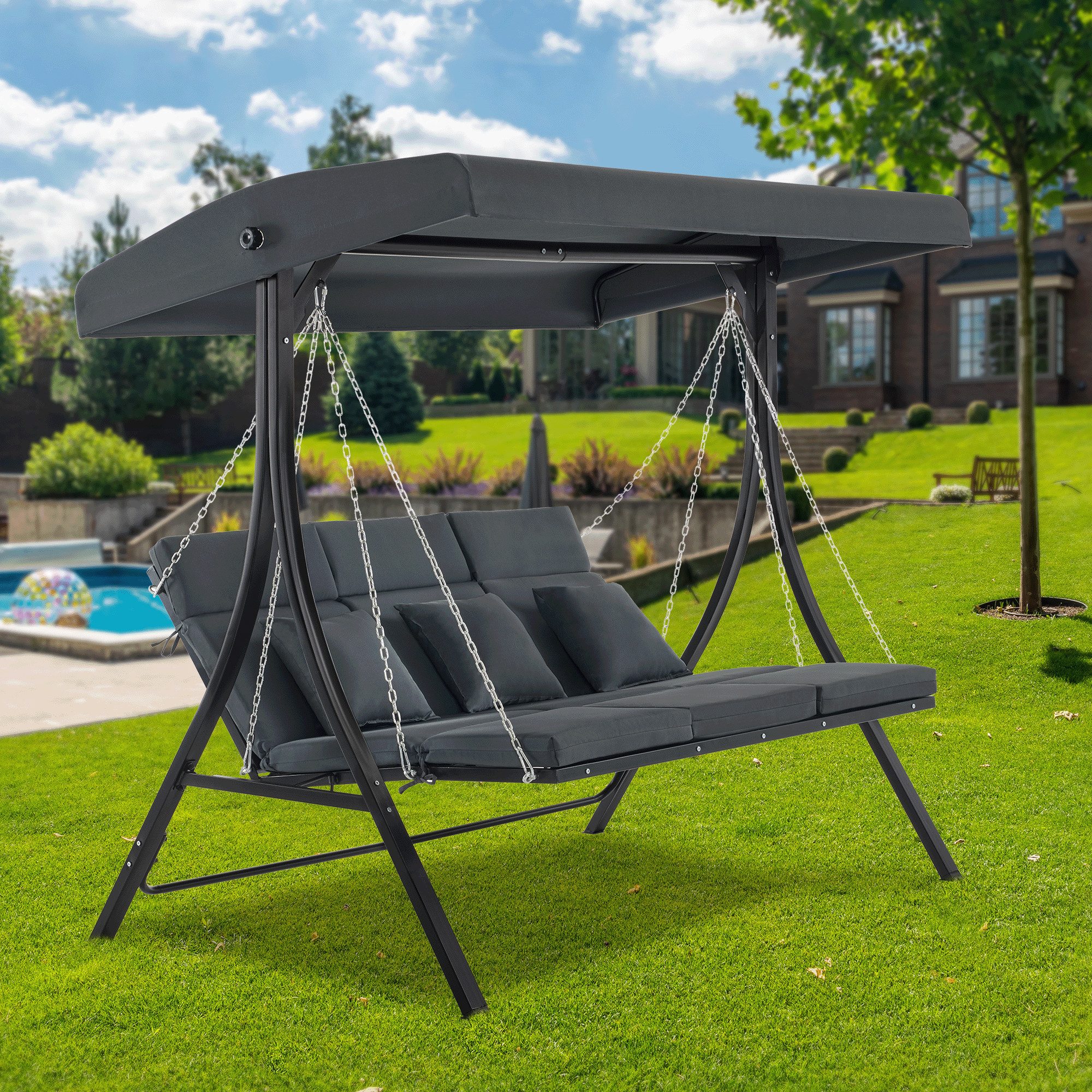 MCombo Hollywoodschaukel M MCombo Hollywoodschaukel Liegefunktion Gartenschaukel 3 Sitzer, 8018, 3,00-Sitzer, inkl. Sitzkissen, Wetterfest, UV-beständig, atmungsaktiv