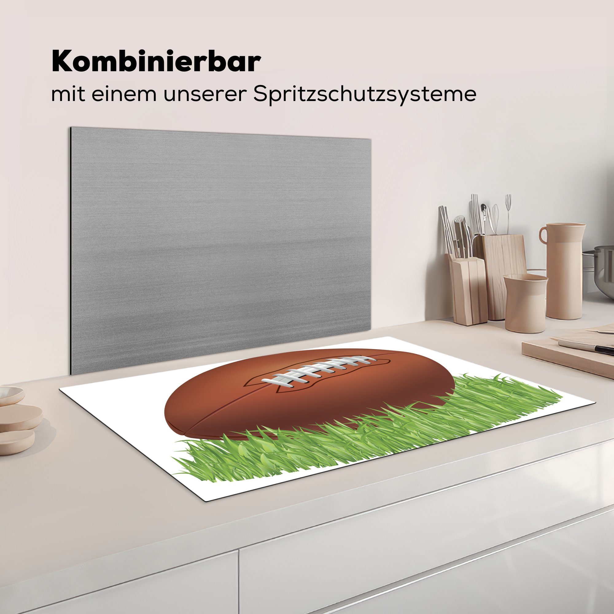 Eine Rugbyballs küche MuchoWow im Vinyl, Illustration für Ceranfeldabdeckung, cm, Gras, eines Arbeitsplatte Herdblende-/Abdeckplatte (1 83x51 tlg),