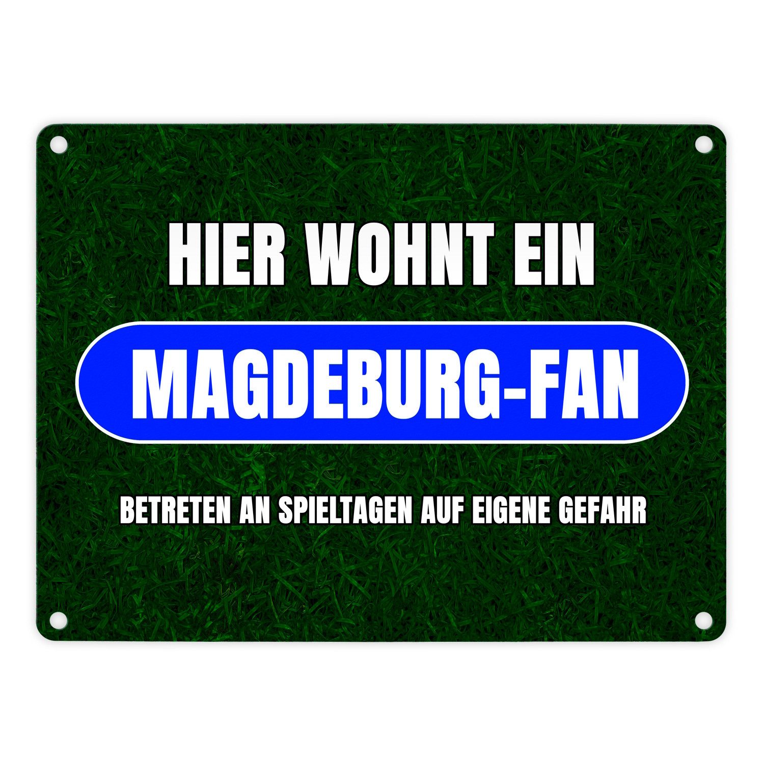 speecheese Metallschild Hier wohnt ein Magdeburg-Fan Metallschild in 15x20 cm mit Rasenmotiv