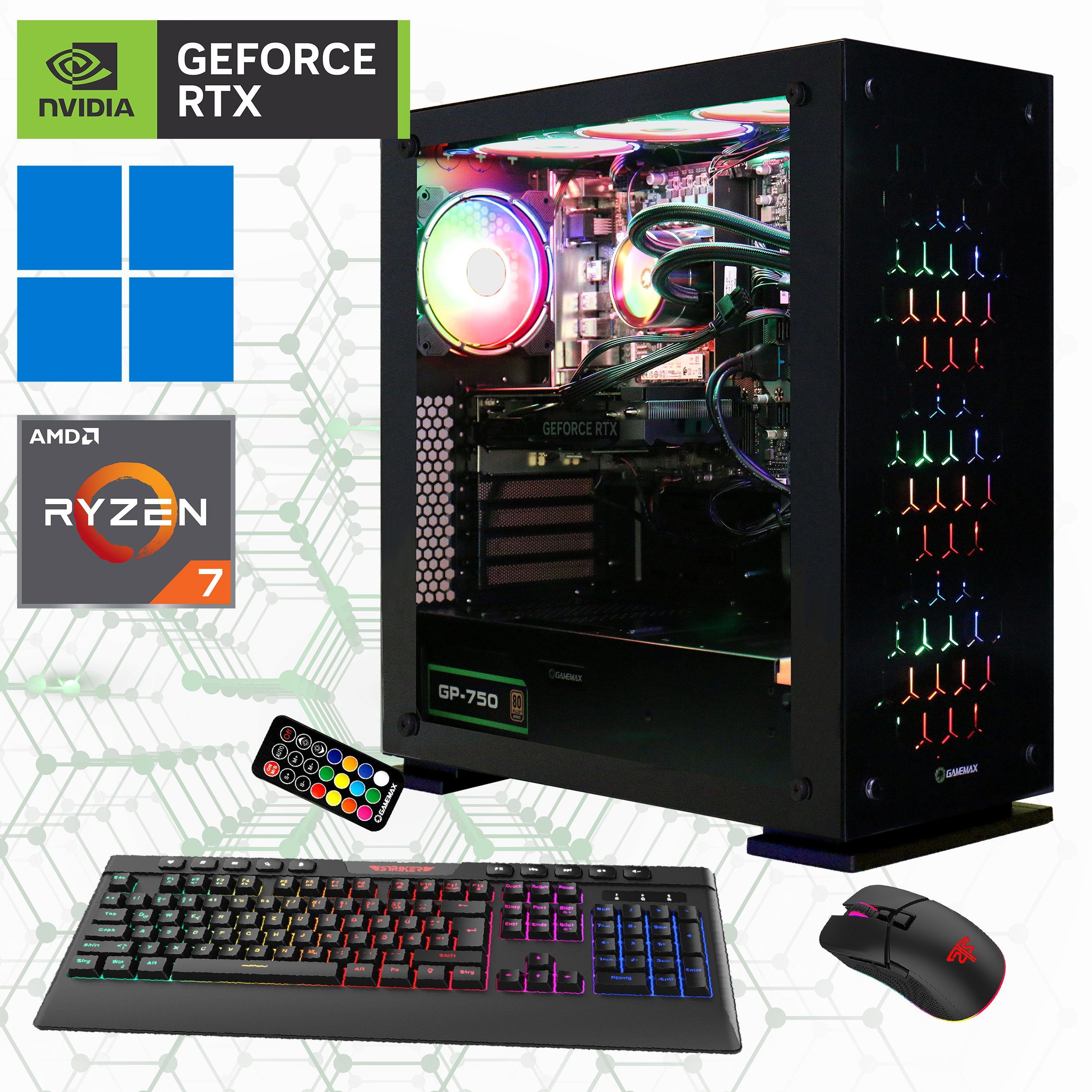 GAMEMAX Onyx II 7176 Gaming-PC (AMD Ryzen 7 7700X, RTX 4060, 16 GB RAM, 1000 GB SSD, Wasserkühlung, DDR5, PCIe SSD Gen4, Windows 11)