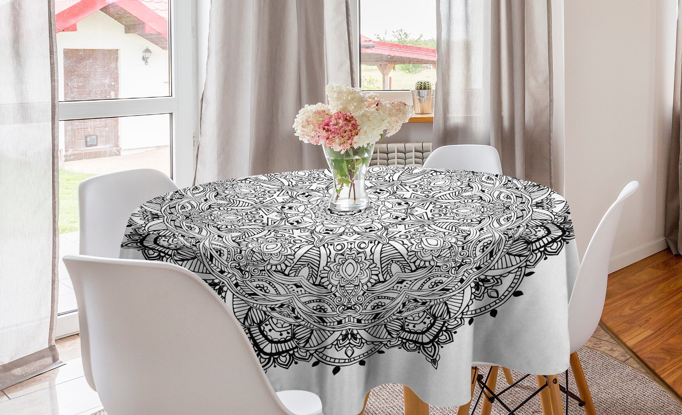 Abakuhaus Tischdecke Kreis Tischdecke Abdeckung für Esszimmer Küche  Dekoration, Stoff Mandala-Kunst Schwarz Weiß