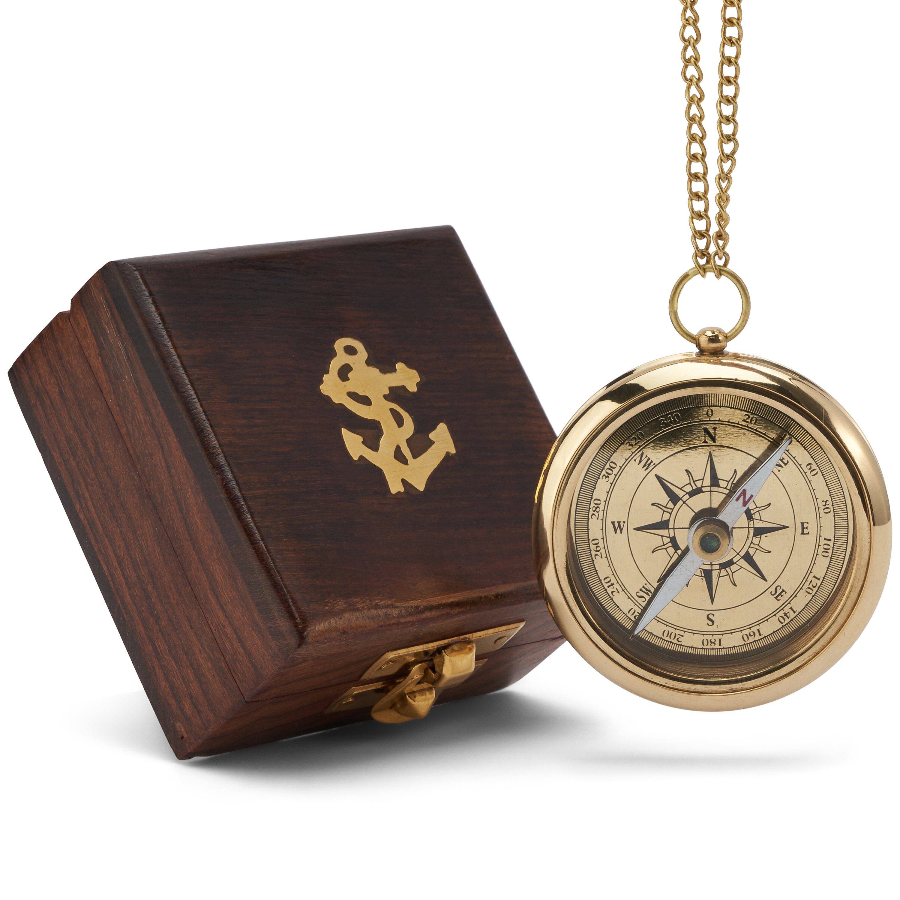 Kompass Maritim 6cm Kompass Ankergravur mit Kette in der Holzbox aus Messing g