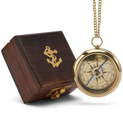 NKlaus Kompass Maritim 6cm Kompass Ankergravur mit Kette in der Holzbox aus Messing g