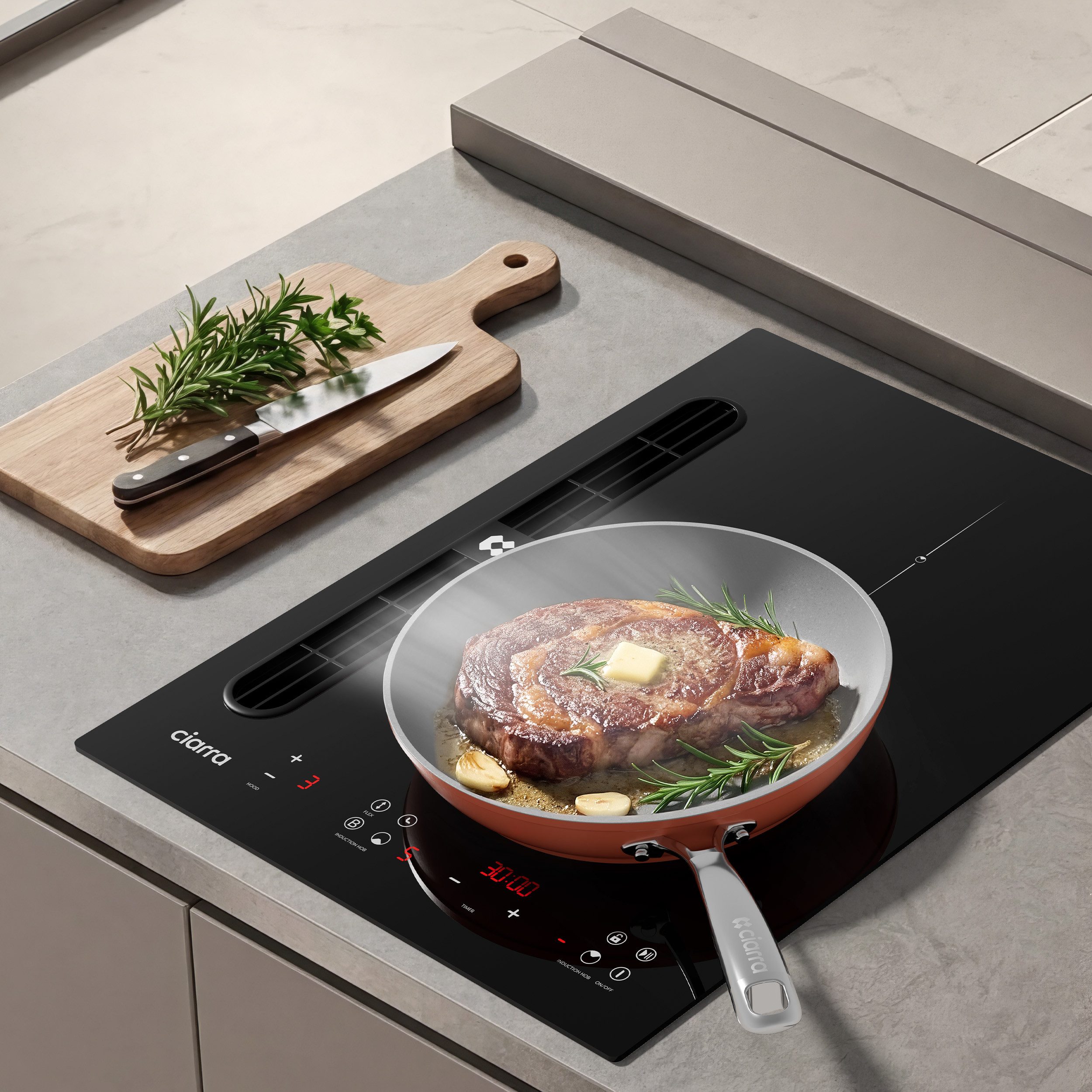 CIARRA Kochfeld mit Dunstabzug 39 cm Kochfeldabzug mit integriertem Plasma⁺-System 3565W CIARRA ONE CBBEH392BF, 2 Zonen Induktionskochfeld mit Dunstabzug 39cm mit Boost Flex Zone