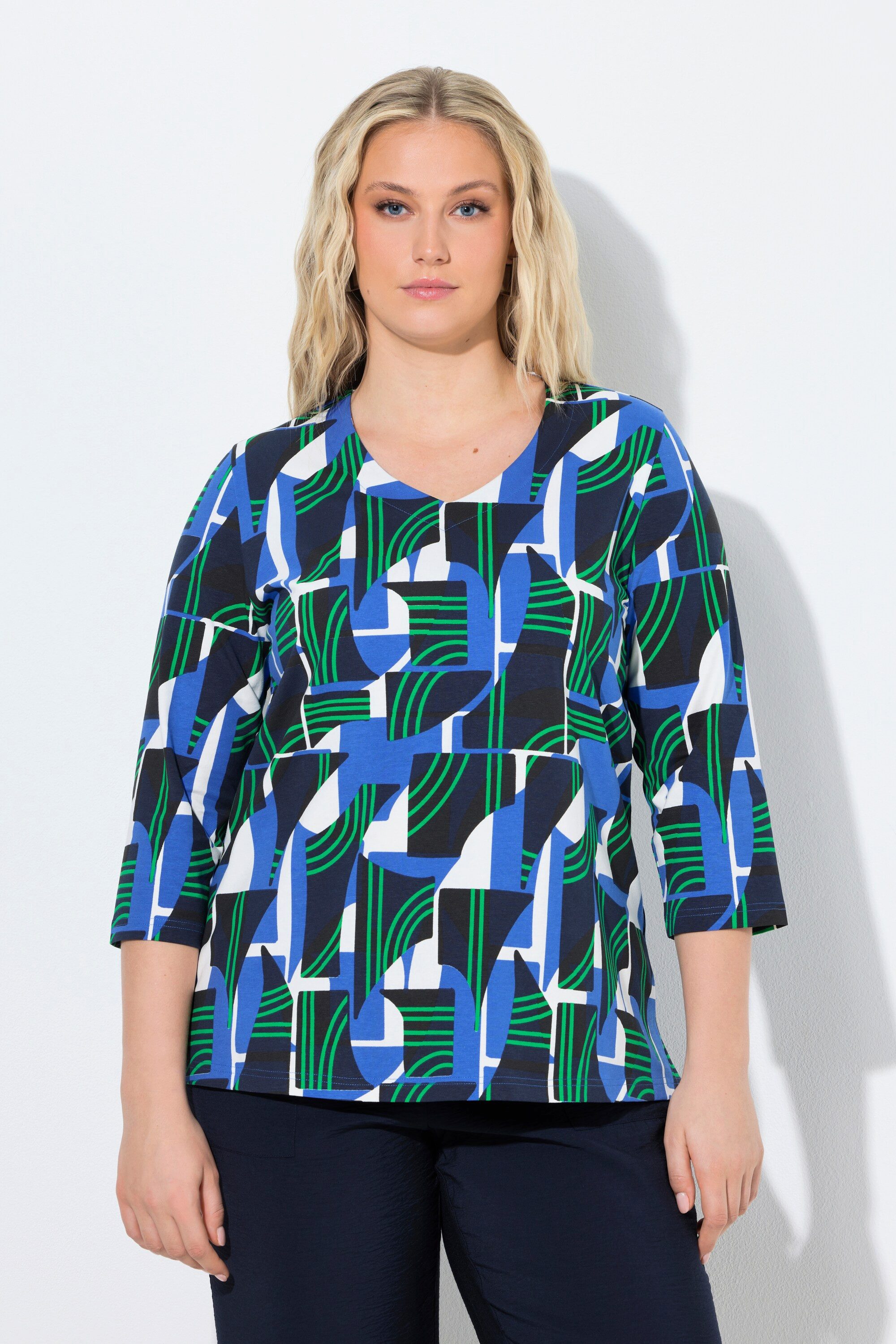 Ulla Popken T-Shirt Shirt grafischer Druck V-Ausschnitt 3/4-Arm