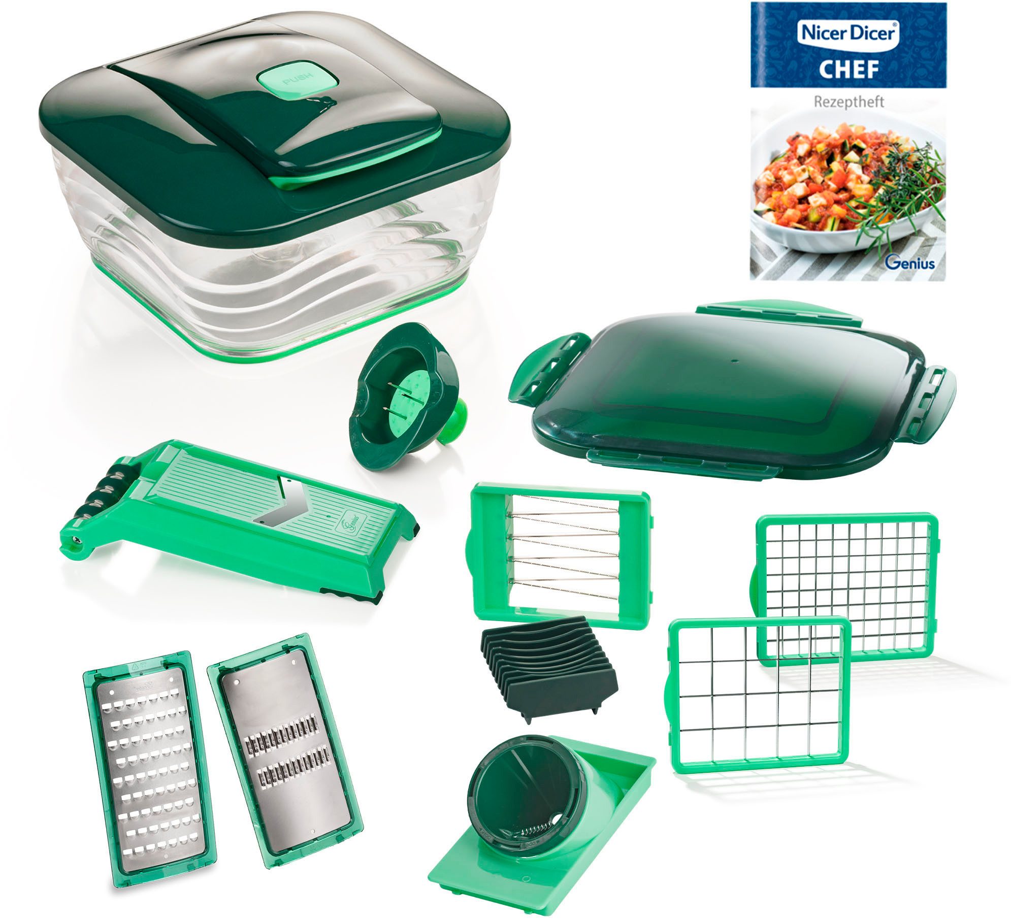 Genius Zerkleinerer Nicer Dicer Chef inkl. Julienne-Reib-Einsatz, Set 16-tlg., Nicer Dicer Schneidgerät in der 10. Generation für die ganze Familie