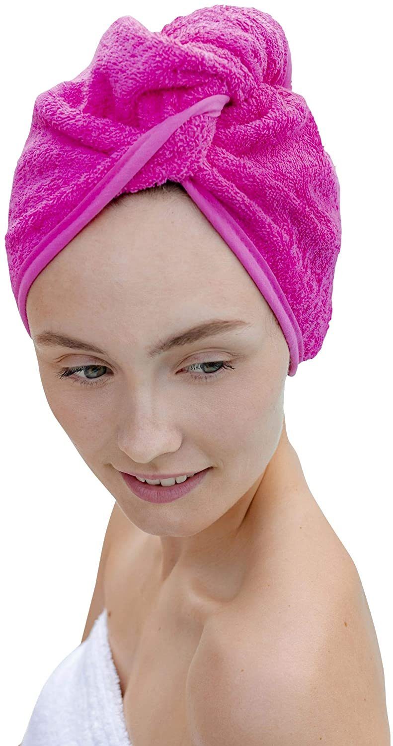Carenesse Turban-Handtuch Haarturban aus saugstarker 100% & (1-St), Towel Haarhandtuch Hair Haar Knopf Schlaufe, Haar-Turban Handtuch Turban Haare pink, Baumwolle
