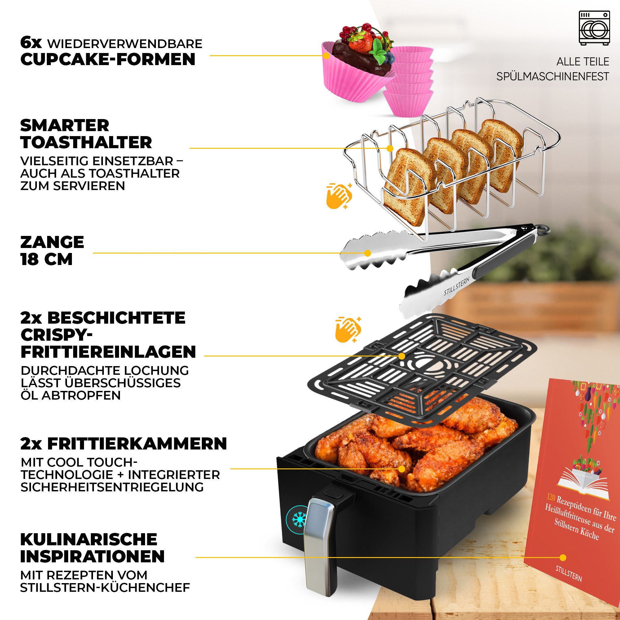 Stillstern Heißluftfritteuse, 2400 W, Backofen, Dörrautomat, Grill, Warmhalten&Auftauen