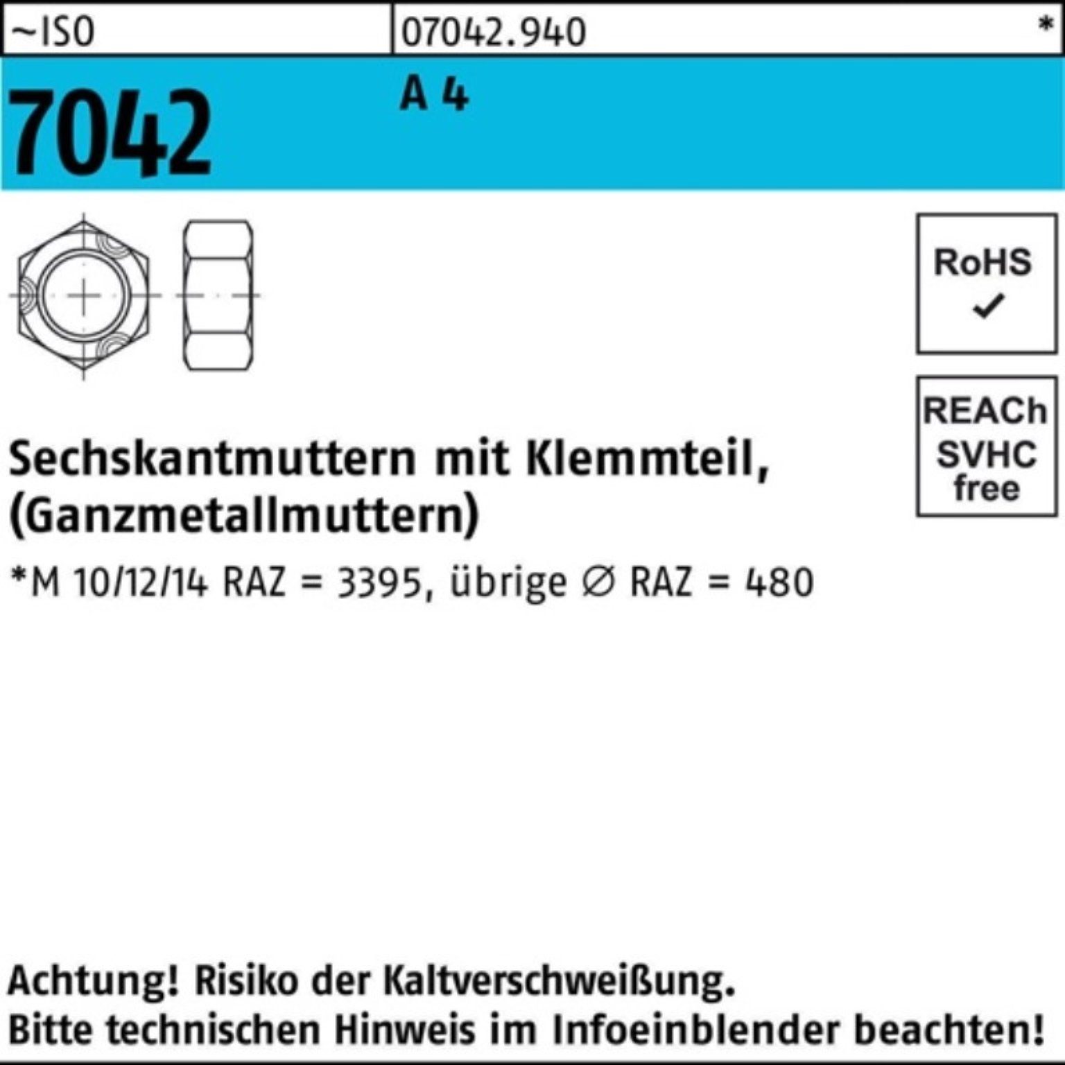 Reyher Muttern 100er Pack 070429400140000 Sechskantmutter ISO 7042 m.Klemmteil M 14 A