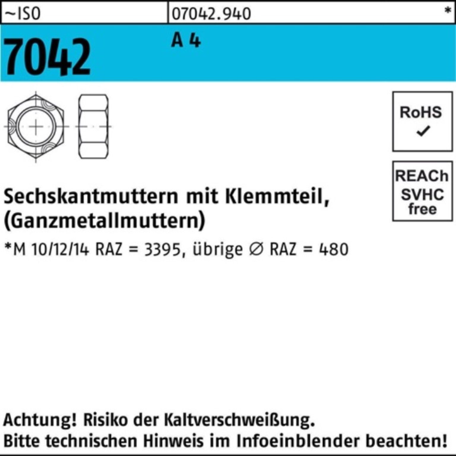 Reyher Muttern 100er Pack Sechskantmutter ISO 7042 Klemmteil M18 A 4 50 Stück ISO 70