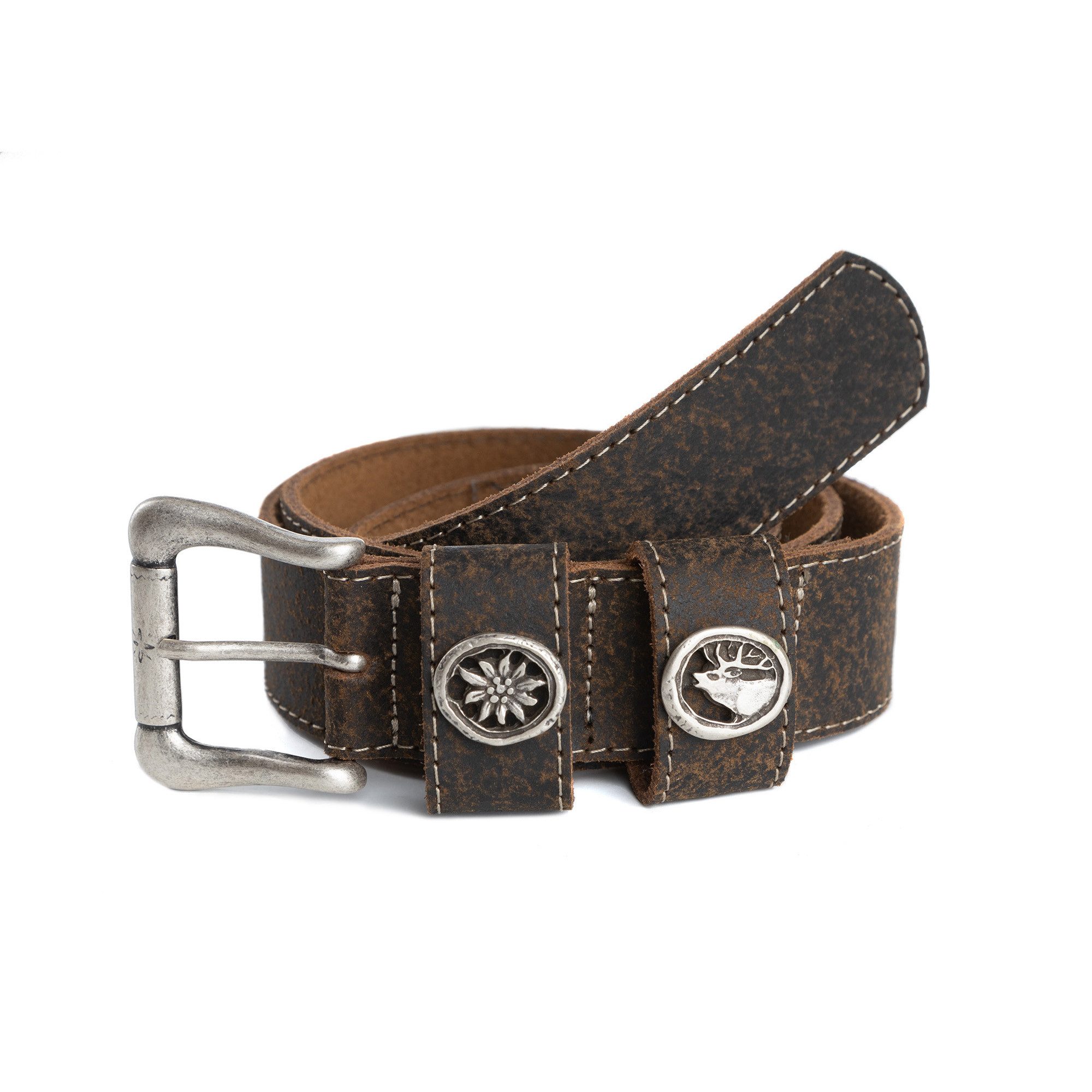 Der Trachtler Ledergürtel mit Edelweiß-Zierteil und Hirsch-Zierteil auf der günstig online kaufen