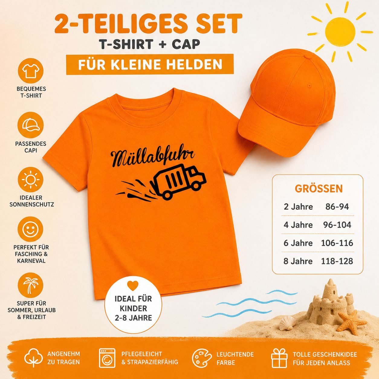coole-fun-t-shirts Kostüm Kinder Müllabfuhr Set Orange Jungen + Mädchen 2-teilig Kostüm, T-Shirt + Basecap Kinder Kostüm 2 Teile Jungen