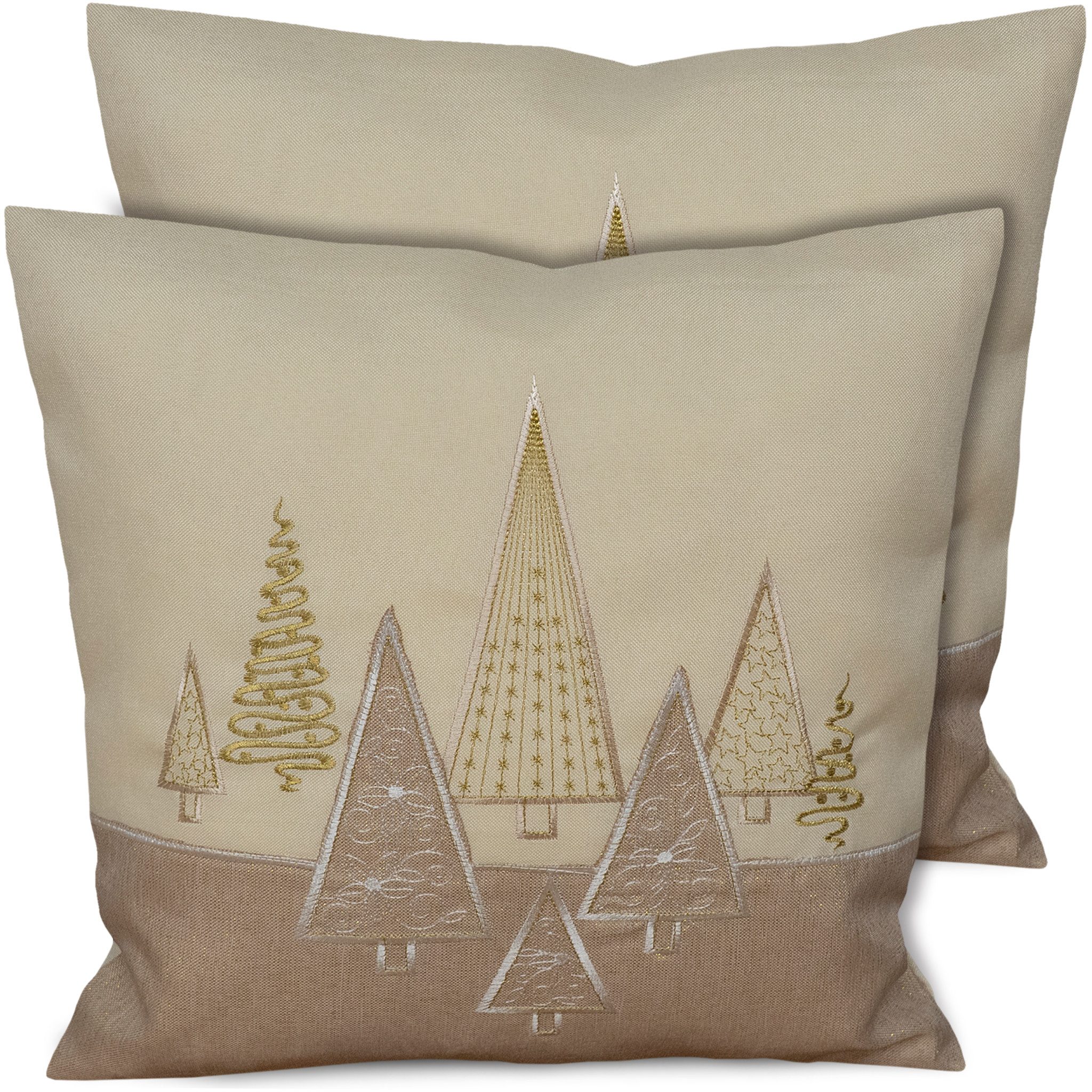 matches21 HOME & HOBBY Kissenbezüge 2er Set Kissenhüllen 40x40 cm beige mit Tannenbaum als Weihnachts-Deko, (2 Stück), Zierkissen-Bezüge für Sofa-Kissen, Couch-Kissen