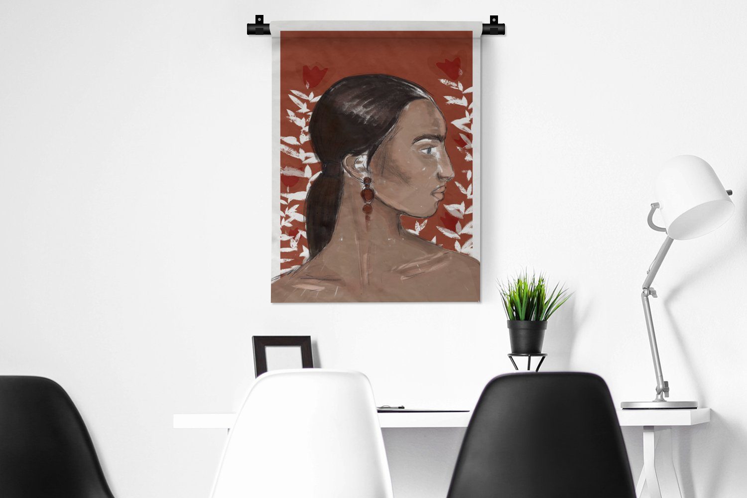 MuchoWow Wanddekoobjekt Porträt Frau - Wohnzimmer, Wand, der Rot Blumen, an Tapisserie, - Schlafzimmer Deko - für