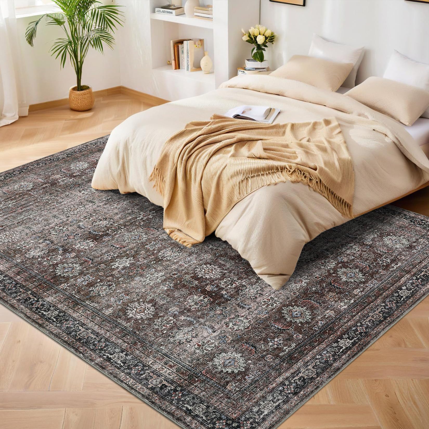 GarveeMore Teppich Waschbarer Orientteppich Kurzflor Vintage Designteppich, rechteckig, Rutschfest, schmutzabweisend & weich, langlebig und pflegeleicht