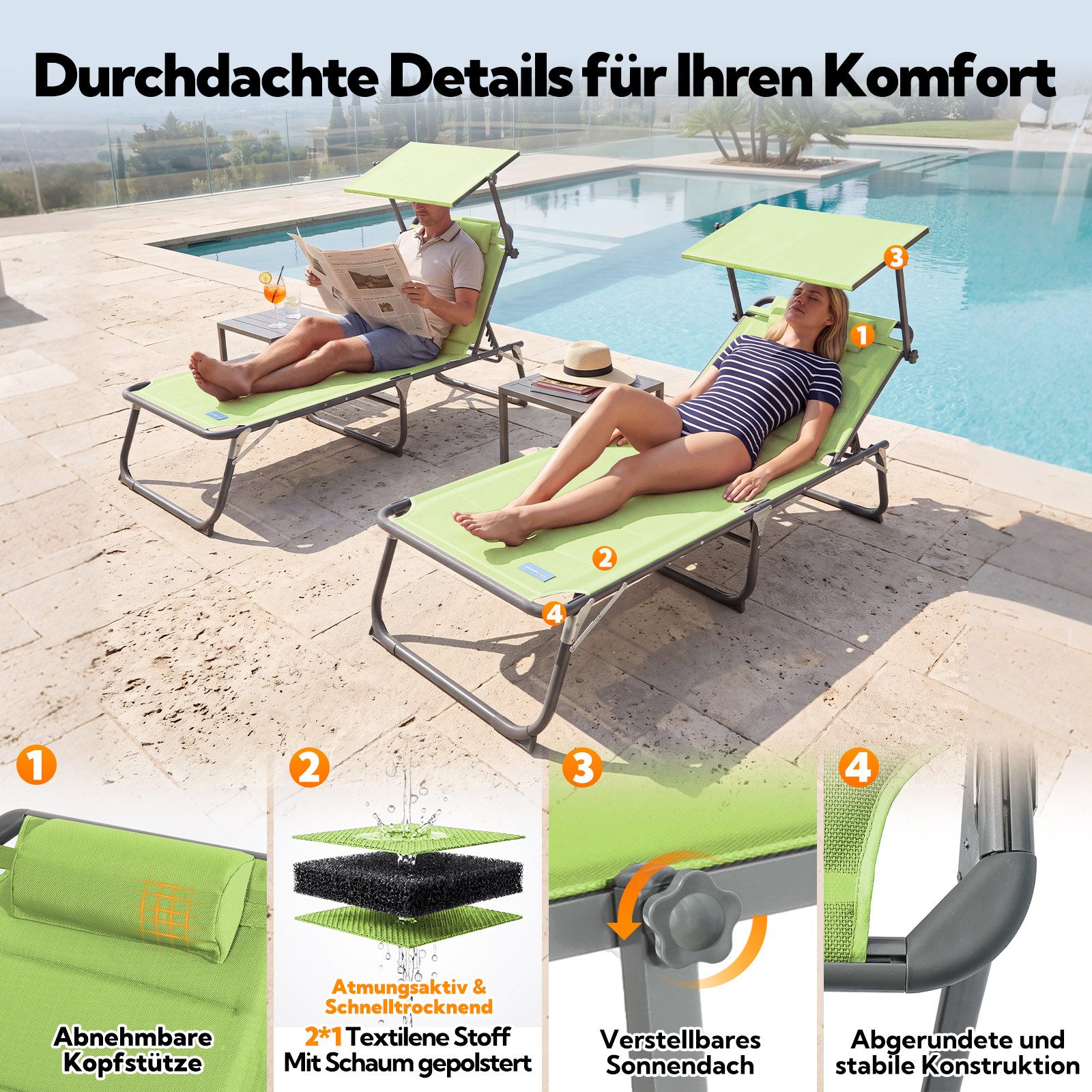 HOMECALL Gartenliege Sonnenliege AluLiege Liegestuhl Strandliege Liegen wetterfest, klappbar, Textilene Mit Dickemschnelltrocknende Schaumstoffpolsterung, Verst – Bild 5 von 5