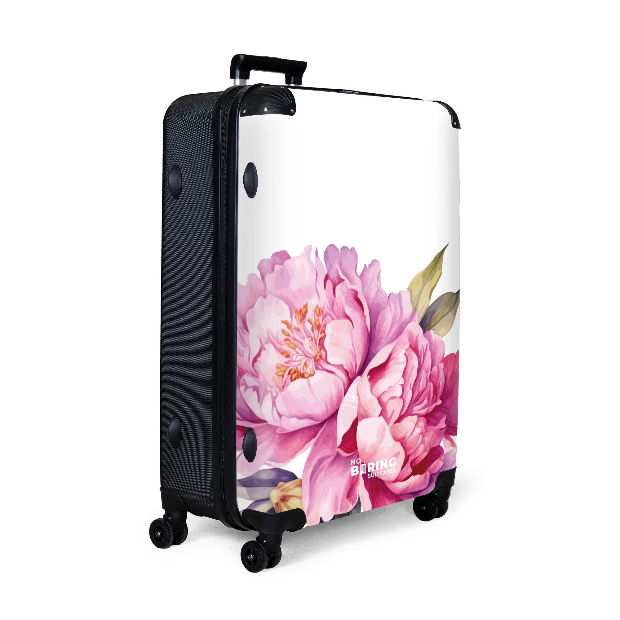 NoBoringSuitcases.com© Hartschalen-Trolley Weiß mit rosa Pfingstrosen günstig online kaufen