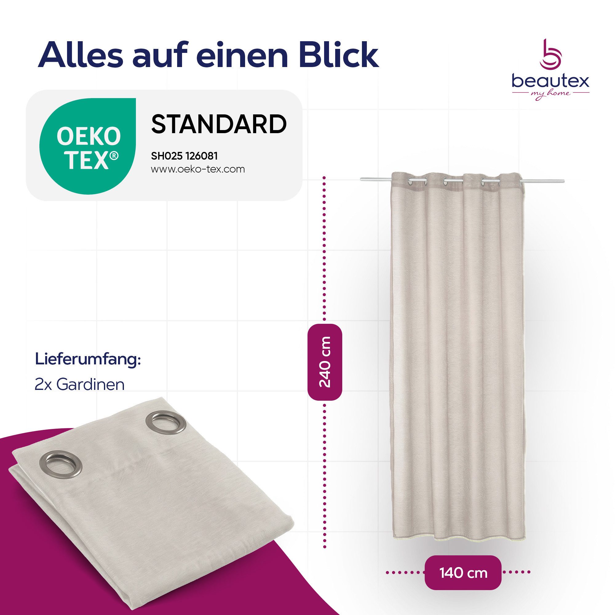 Beautex Gardine transparent Dolly, wählbar mit Kräusel- und Ösen- Aufhängung (2 St), Ösen, transparent