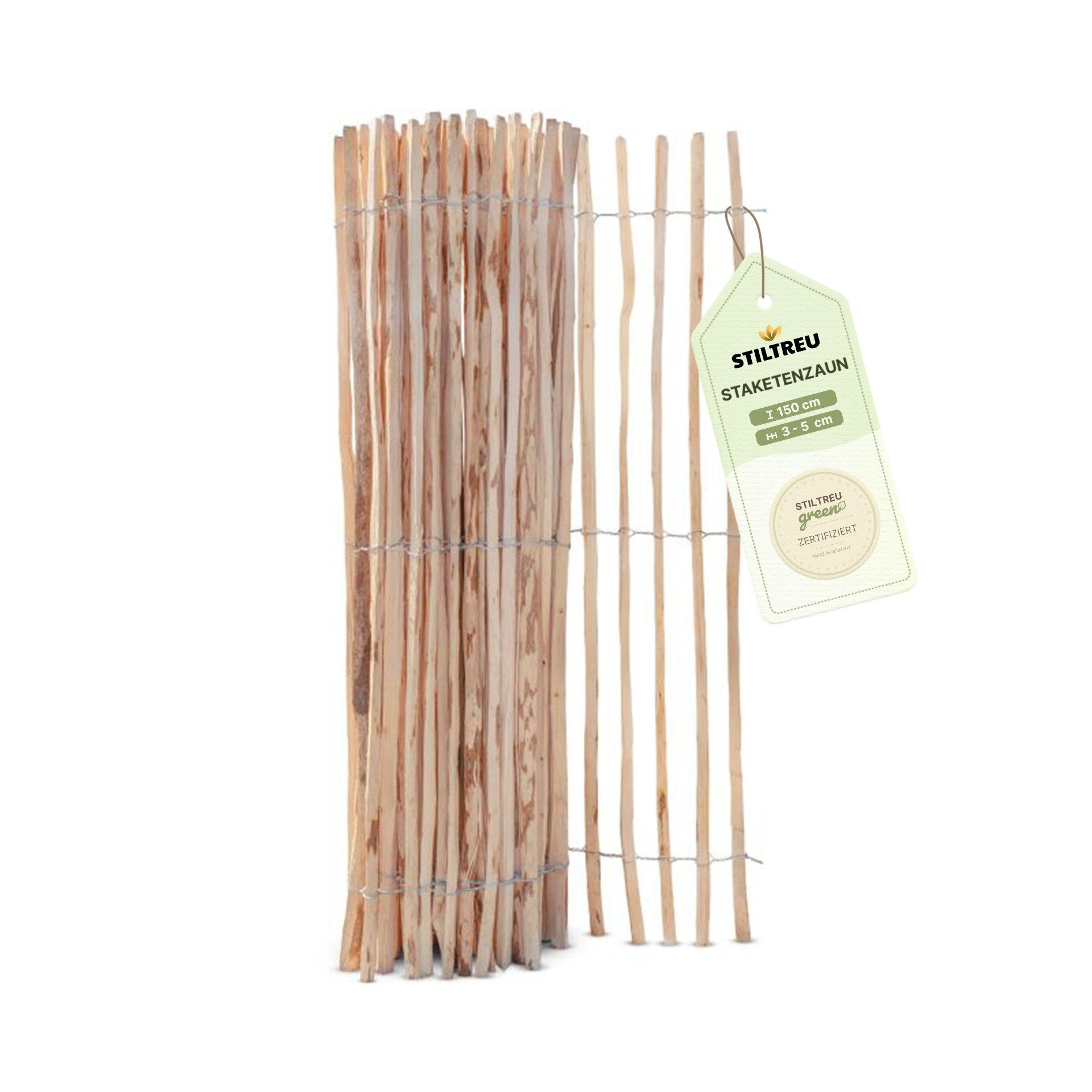 STILTREU Staketenzaun Staketenzaun Haselnuss - Höhe 150 cm, Länge 5 m, Lattenabstand 3-5 cm