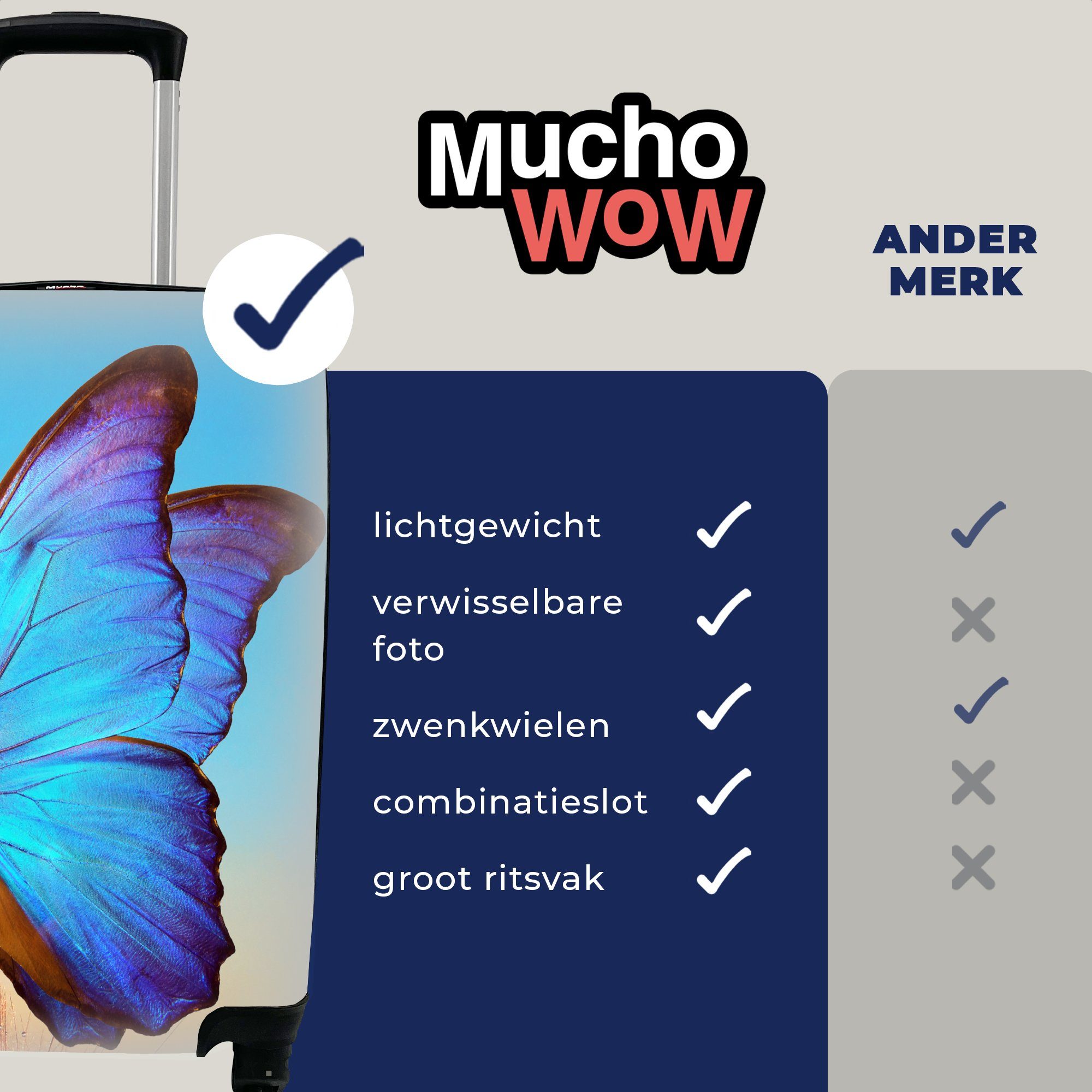 MuchoWow Handgepäckkoffer Reisetasche Handgepäck Ferien, - Rollen, - Schmetterling Blau, Trolley, 4 Löwenzahn für rollen, Reisekoffer mit