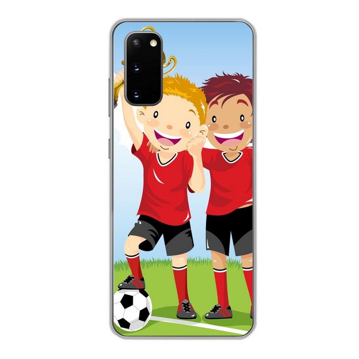 MuchoWow Handyhülle Eine Illustration von zwei Fußballspielern die einen Preis gewonnen Phone Case Handyhülle Samsung Galaxy S20 Silikon Schutzhülle