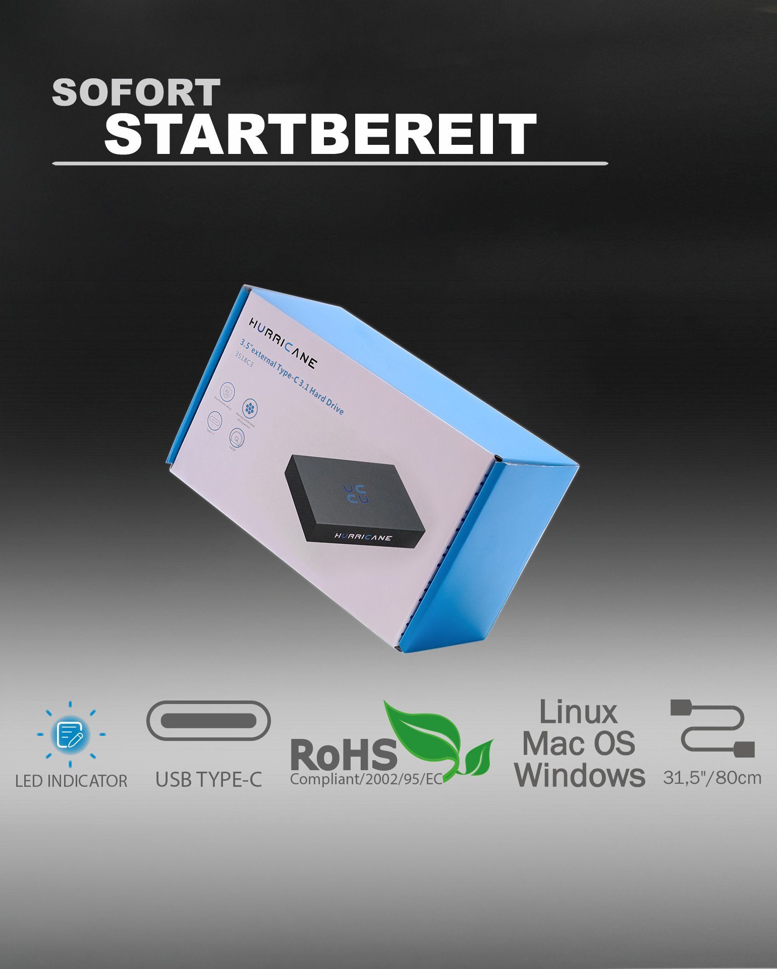 C externe Ps4, Linux OS mit für TV, Netzteil, HURRICANE USB Festplatte mit Externe 3,5", kompatibel (4TB) Laptop, Aluminium 4TB 3518C3 PC, Windows HDD Xbox mac HDD-Festplatte 3,5"