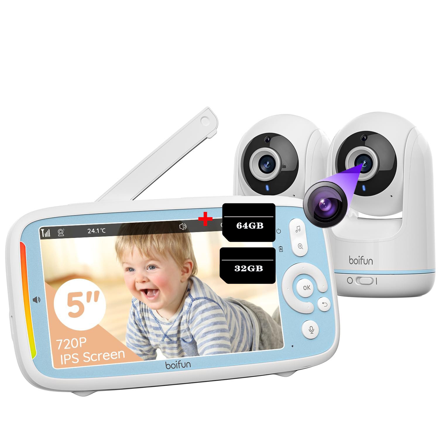 Video-Babyphone Babyphone mit 2 Stück Kamera 5 Zoll Baby Monitor 720p FHSS NO WIFI