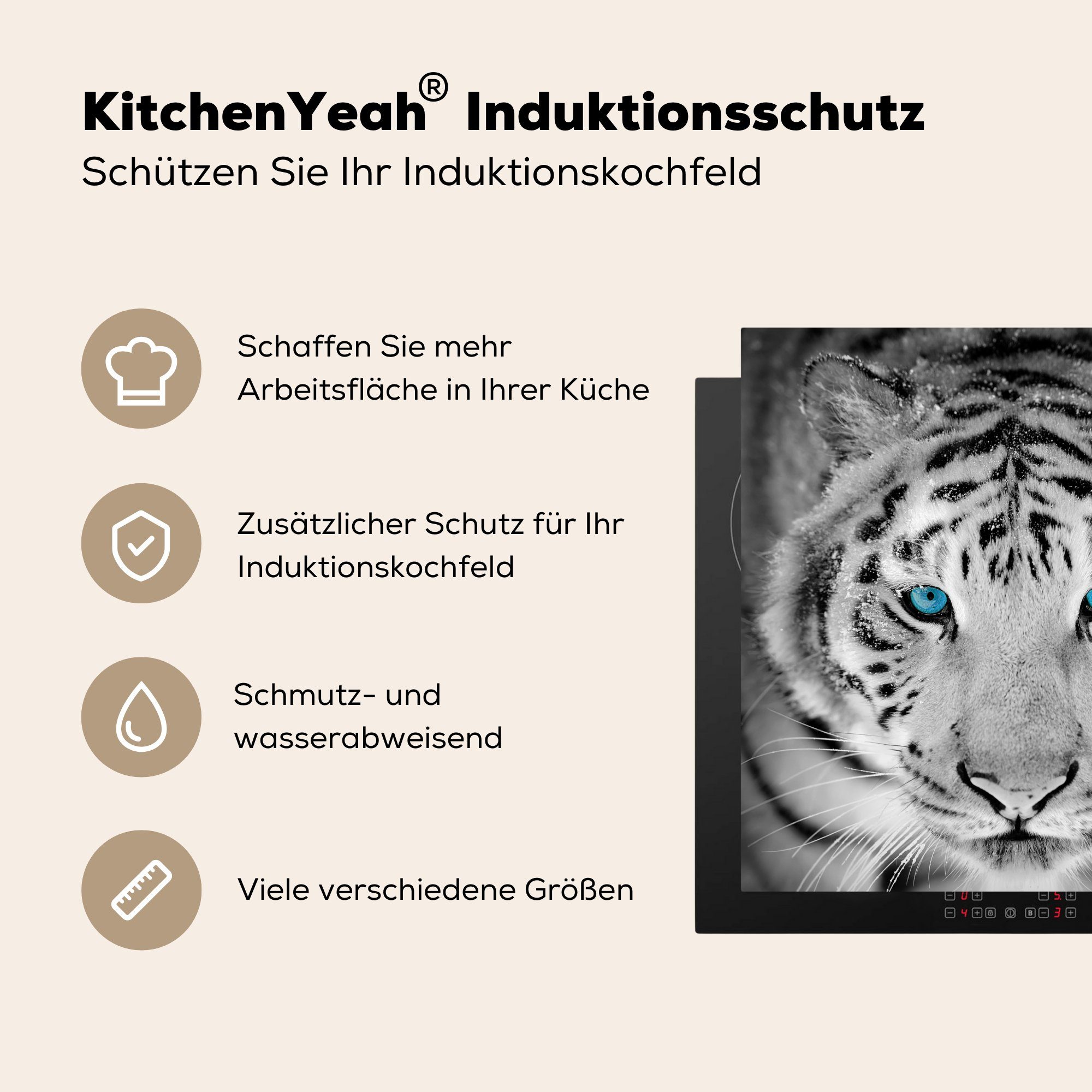 MuchoWow Herdblende-/Abdeckplatte Tiger - Ceranfeldabdeckung, Weiß - Vinyl, Augen, (1 tlg), für cm, 78x78 Arbeitsplatte küche
