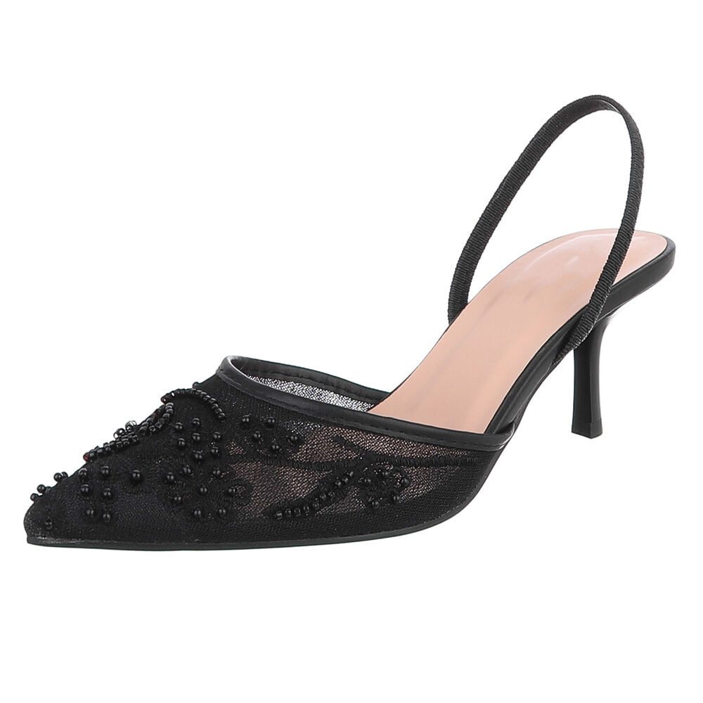 Ital-Design Damen Slingback-Pumps mit Perlenstickerei & High Heel Schnürpumps (92214499) Pfennig-/Stilettoabsatz Pumps in Schwarz