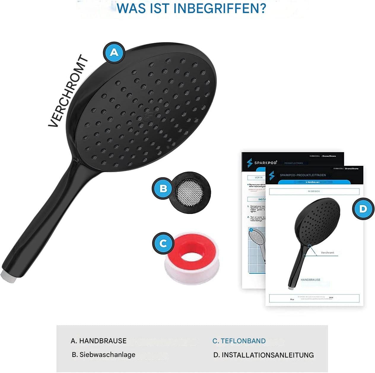 sparkpod Handbrause Handbrause XXL Regendusche Hochdruck Duschkopf Schwarz Matt, (Einzelartikel Handbrause XXL Regendusche Duschkopf Hochdruck, 3-tlg., 1 Handbr – Bild 5 von 5