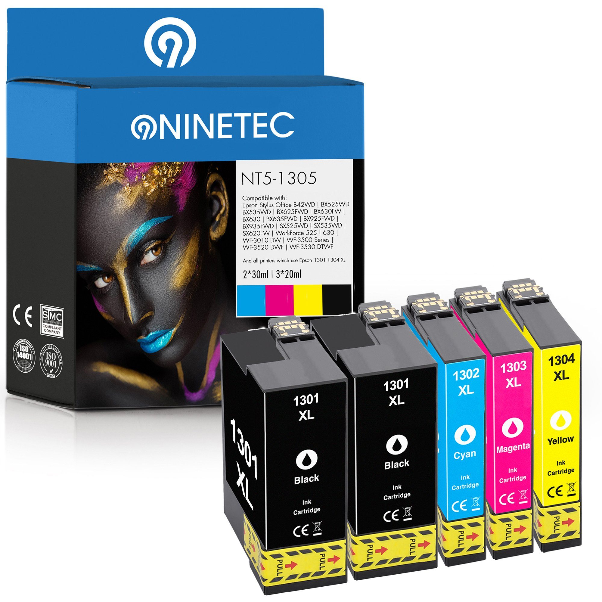 NINETEC 5er Set ersetzt Epson T1301-T1304 Tintenpatrone