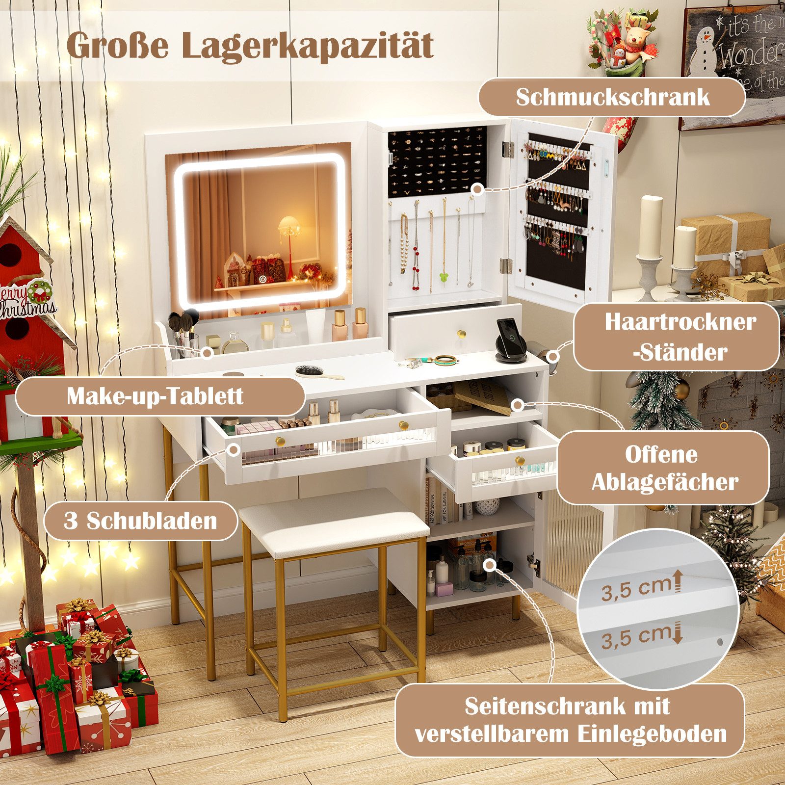 COSTWAY Schminktisch (1-St), mit LED & Ladestation, Hocker, Spiegel, Schran günstig online kaufen