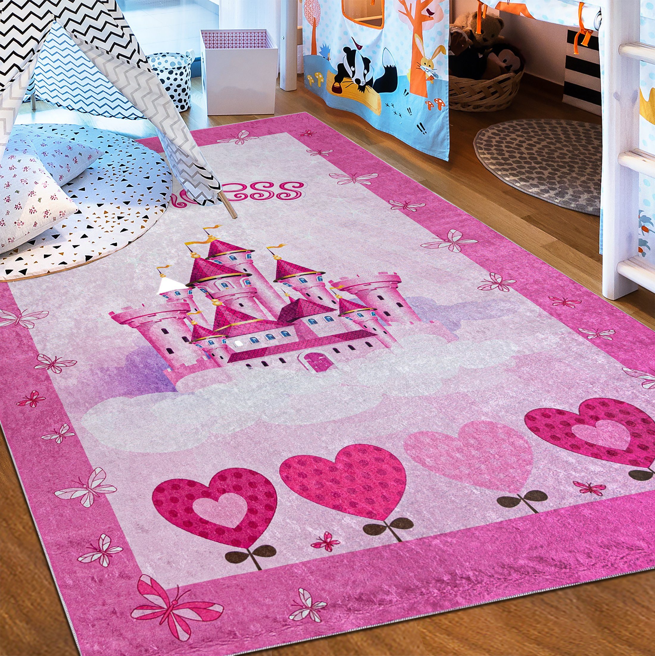 Höhe in Schloss, 38890 Kinderzimmerteppich mm, 80 x Pink Kinderteppich Mazovia, Waschmaschine, Kinderteppich 150 Rosa Rutschfest / Waschbar 5 cm, Kurflor, Prinzessin