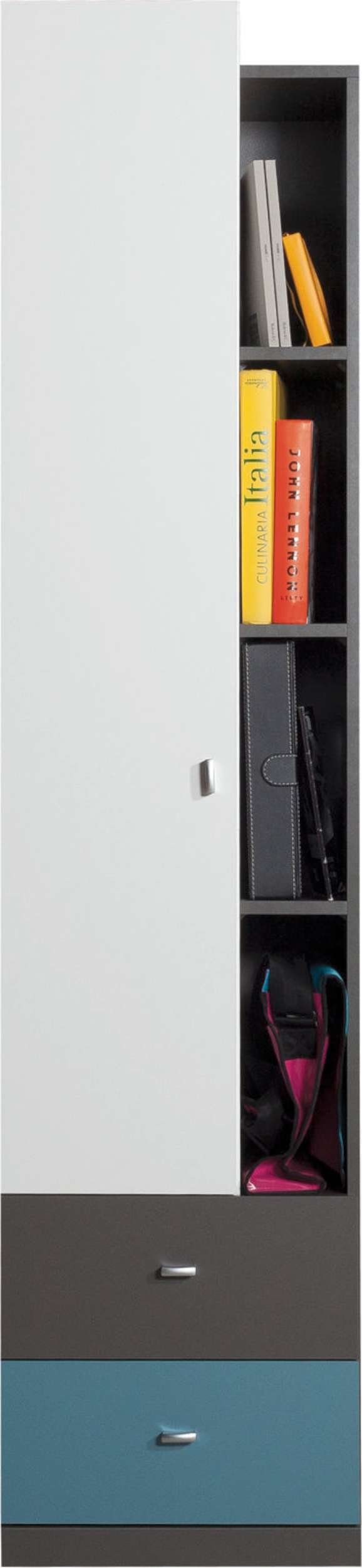Stylefy Kinderregal Lator Graphit Weiß Atlantic, Standregal, Bücherregal, mit 4 Fächern und Schubladen, 1-türig, FSC-Zertifizierung, Spanplatte, Modern Design