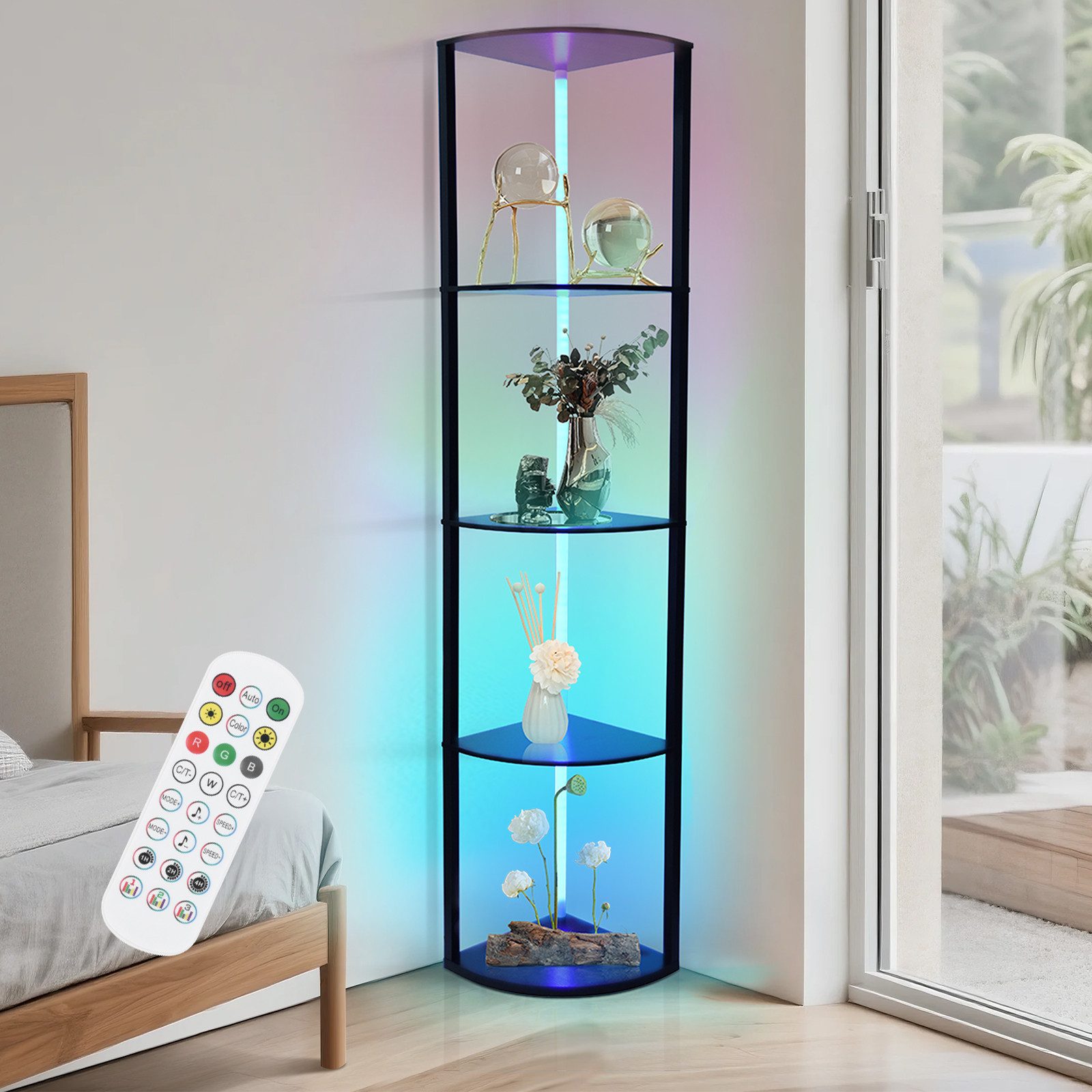 XIIW Eckregal LED Bücherregal Holz Regal Stehlampe Stehend Standregal Eckvitrine, 5 Stufige 162x30x30cm Kaltesweiß Warmweiß RGB, Dimmbar mit FB für Wohnzimmer, Schlafzimmer