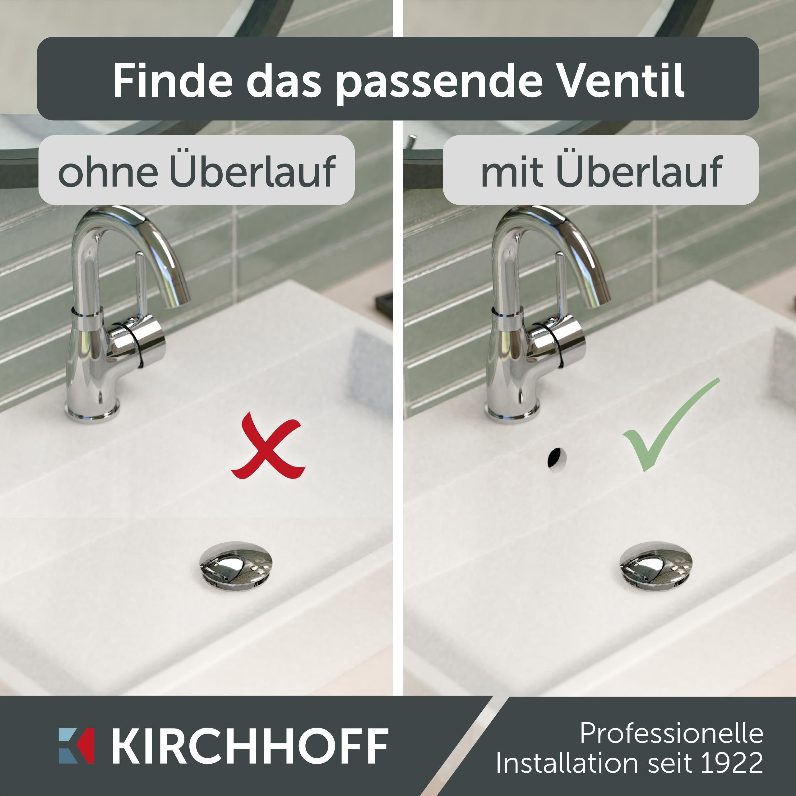 Kirchhoff Ablaufventil Design-Ablaufventil mit Überlauf, Ablauf Senkrecht, [1 1/4", Packung, Ablaufventil für Waschbecken & Waschtisch, Pop Up Ventil, Push-Open