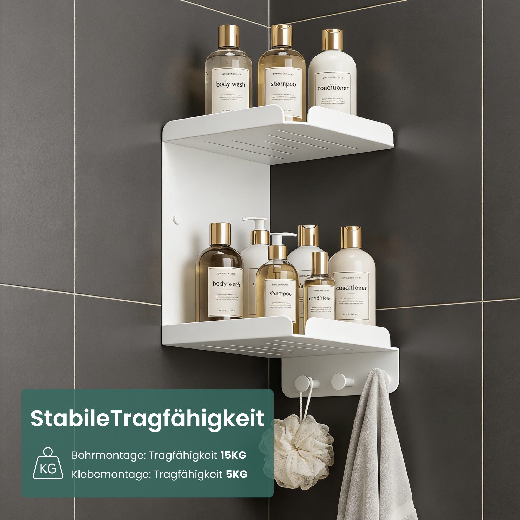 Mai & Mai Duschablage Duschregal 2-stöckig mit 3 Haken Wandmontage 22 x 22 x 33,1cm Reglo-14, Platzsparendes 2-stufiges Eckdesign,mit 3 integrierten Haken – Bild 4 von 5