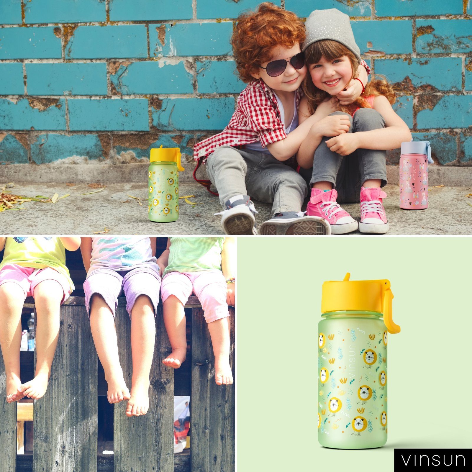 Löwe, BPA und Grün Vinsun auslaufsicher, mit - Auslaufsicher - Hell Kinder / Geschmacksneutral Strohhalm frei, Trinkflasche bruchsicher, Trinkflasche Gelb 500ml Geruchs-