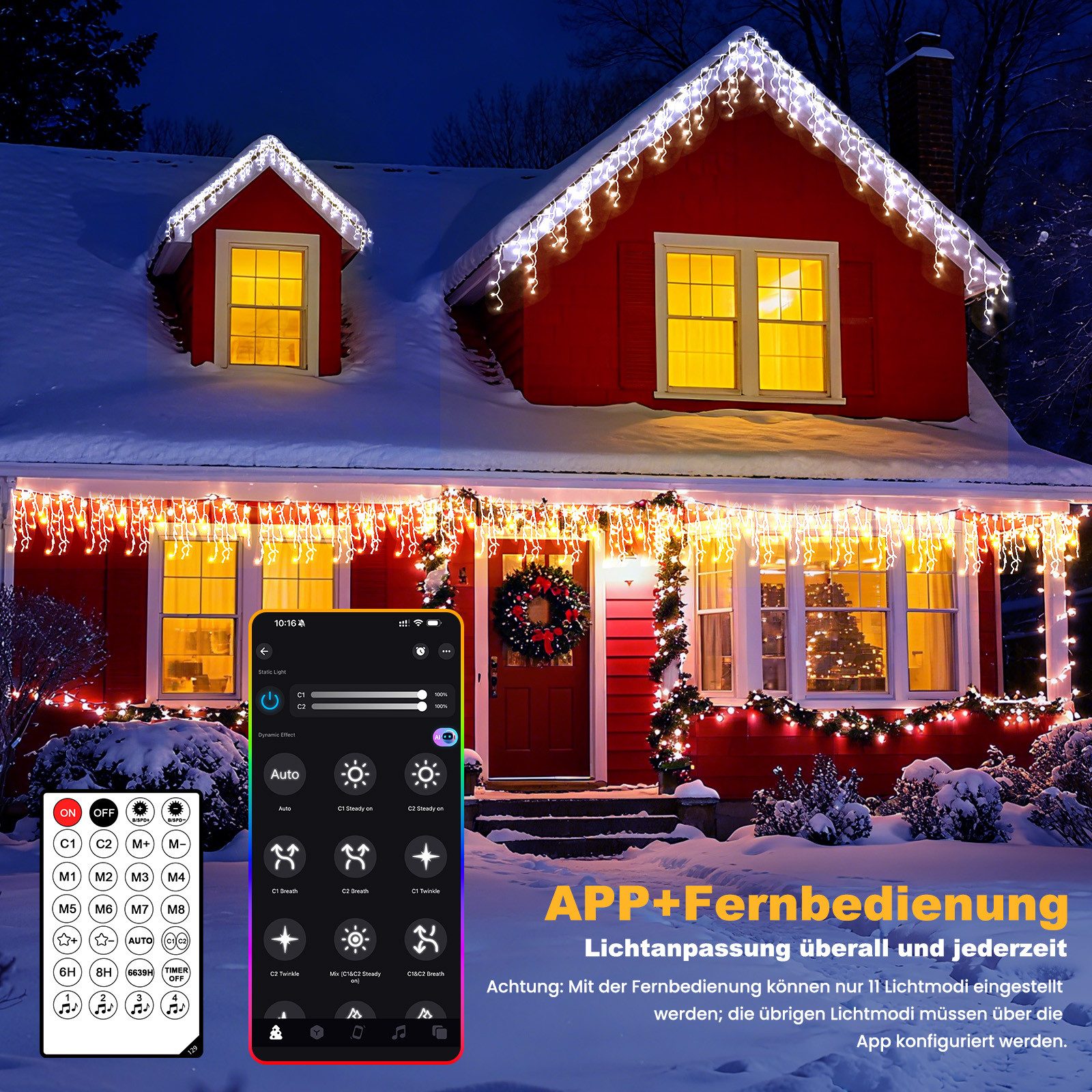 Circlio LED-Lichtervorhang 5-45m LED Eiszapfen-Lichterkette Außen mit App, Timer & Fernbedienung, 17 Modi, Musikmodus, Timer, IP65, Warmweiß/Kaltweiß/Bunt – Bild 3 von 5