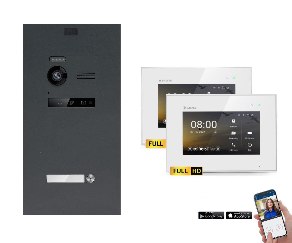 Balter Video-Türsprechanlage EVO-HD Komplettsystem 1-Familie Anthrazit 2x 7" WLAN Monitore Weiß (Set, 1-Familienhaus, Komplettset, FullHD Kamera, mit App)