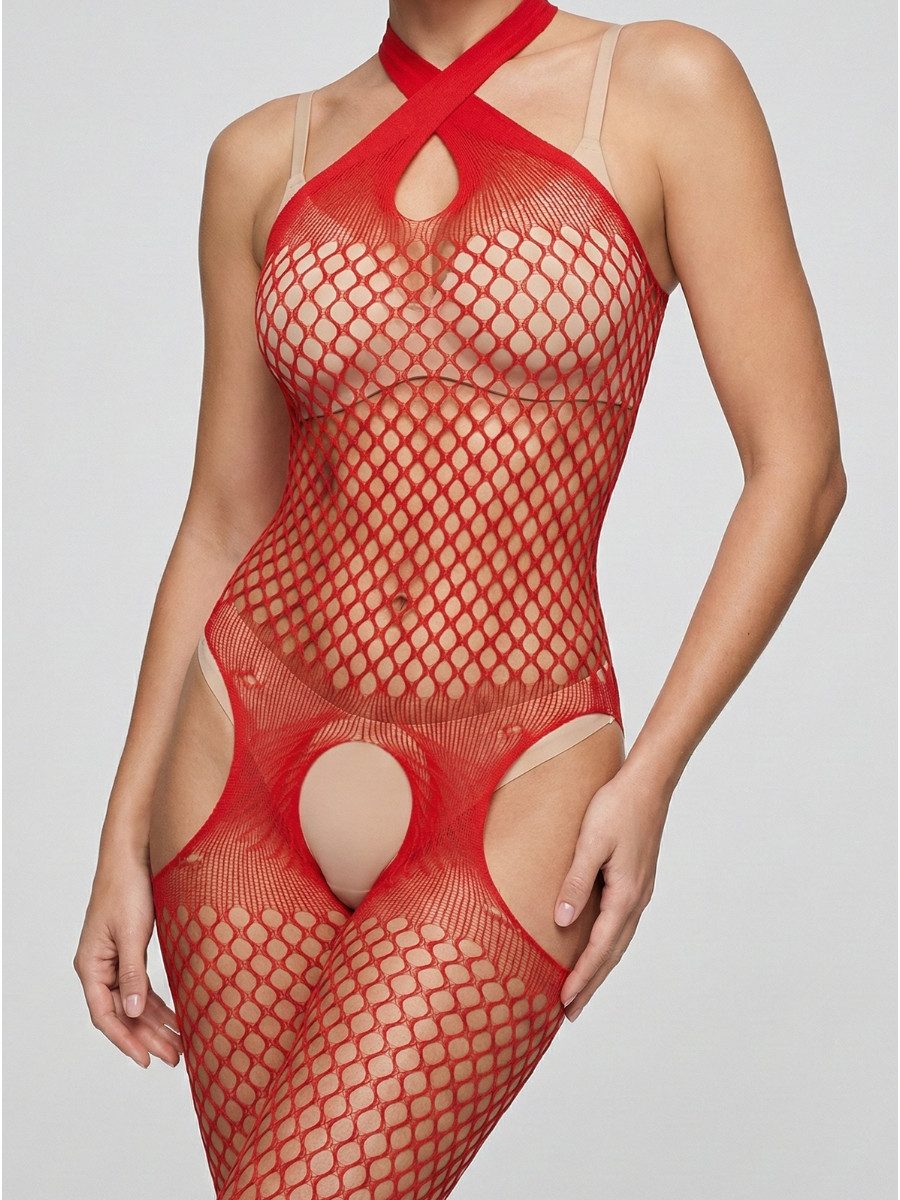 Elegant Love Bodystocking-Ouvert Neckholder Fischnetz Catsuit, Strumpfbody mit offenem Schritt Stilvolles Dessous, S–XL