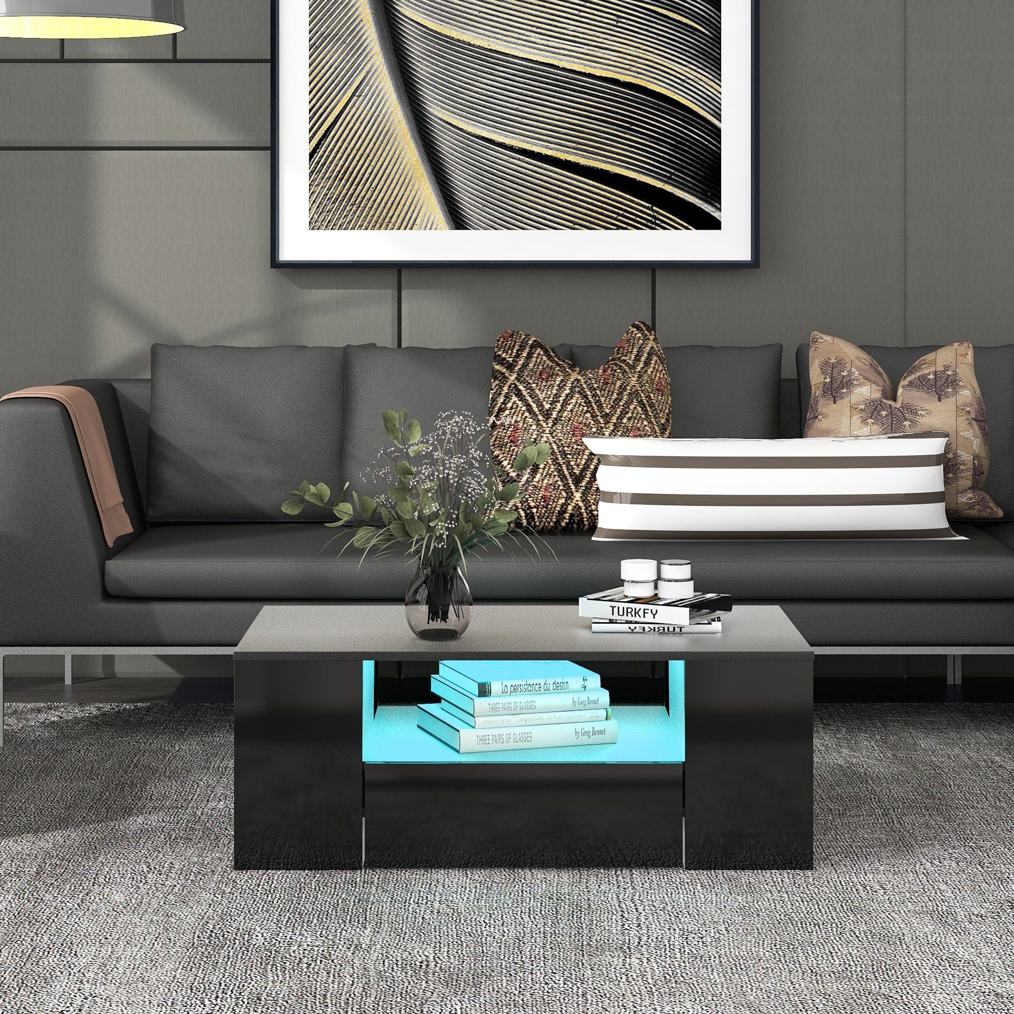 Couchtisch (Wohnzimmertisch Hochglanz Schwarz), Sofatisch mit LED-Beleuchtung, 2 Schubladen, 2 Regale, 95 x 53 x 37 cm