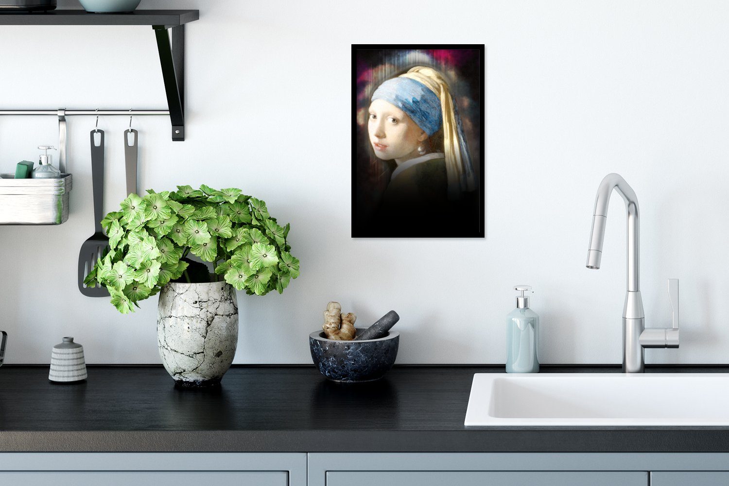 Wandposter, - St), Poster Schwarzem Vermeer Bilderrahmen Johannes - (1 Wanddeko, Ölgemälde, Bilder, MuchoWow Perlenohrring Mädchen Poster, Gerahmtes mit