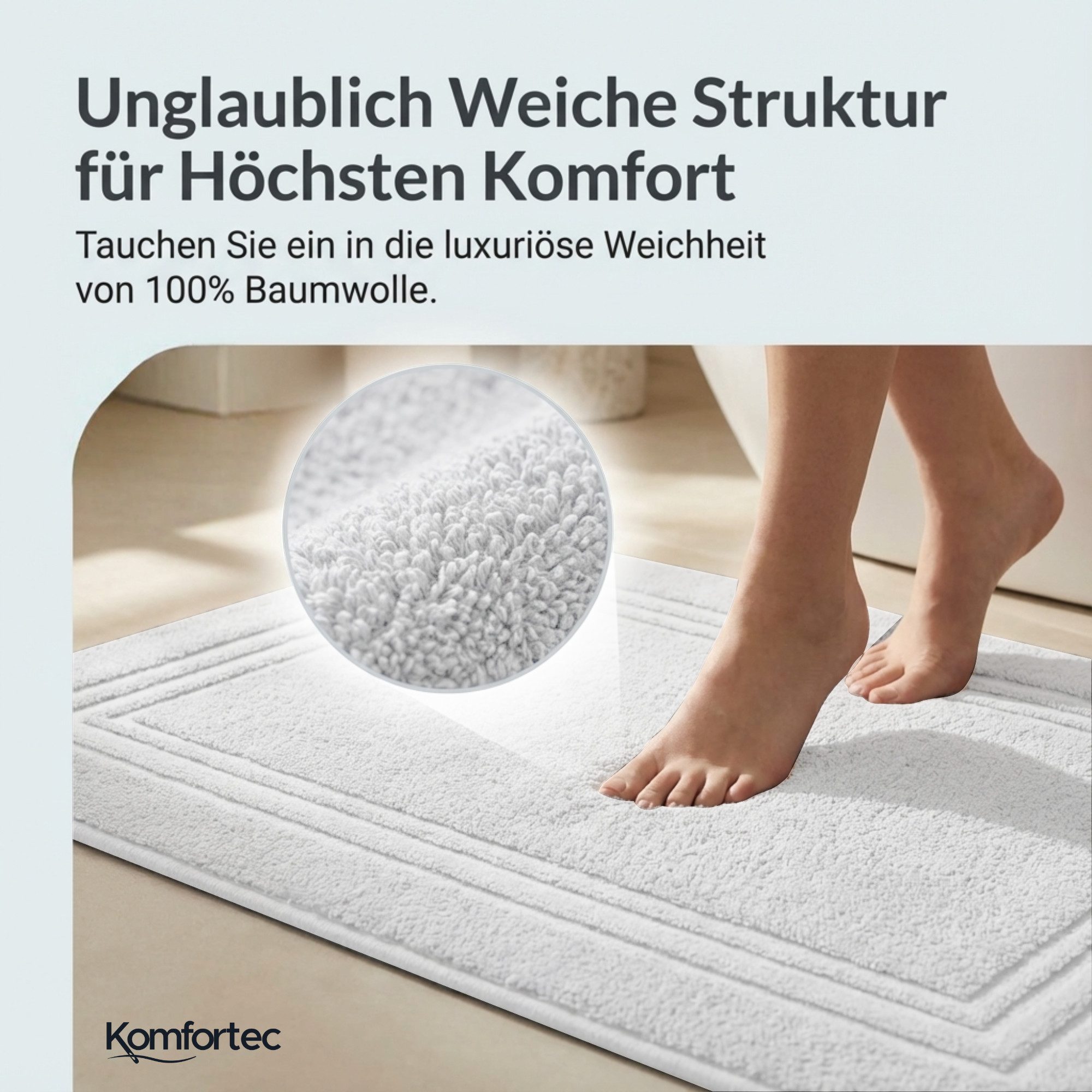 Komfortec Badematte Badvorleger aus 100% Baumwolle, Waschbar Duschmatte, Frottee, Rechteckig, 600 g/m², 2er Set, Saugfähig & Schnelltrocknend