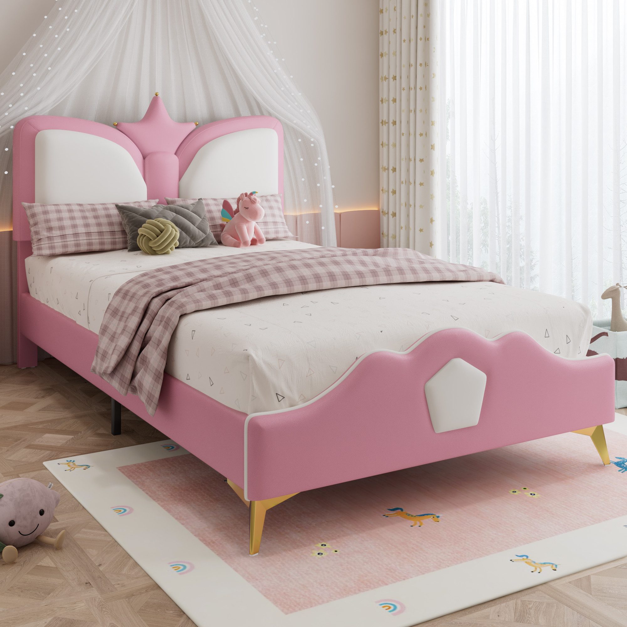 Flieks Polsterbett, Kinderbett Einzelbett 90x200cm mit Kronenform Kopfteil