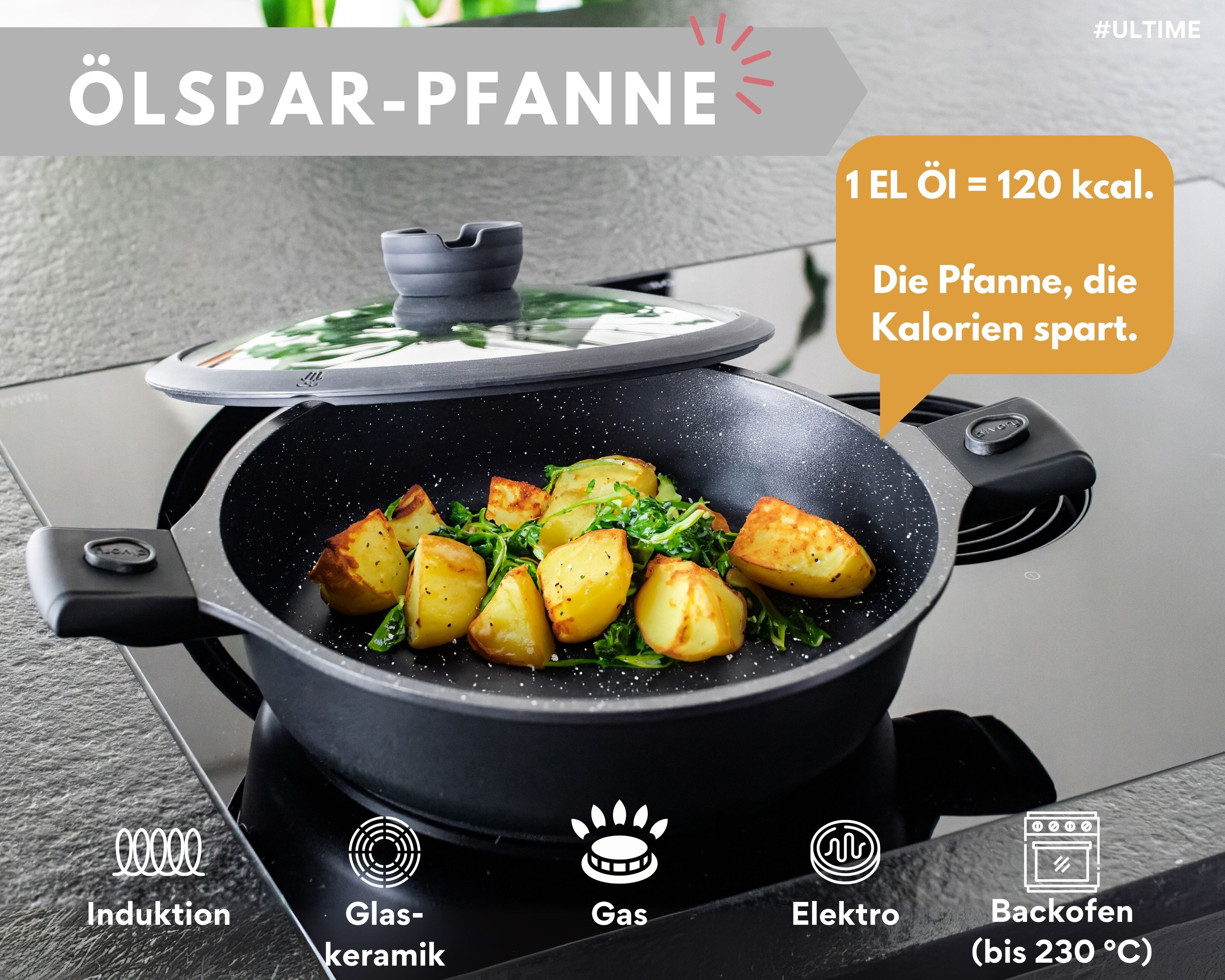divory Schmorpfanne mit Deckel, Antihaftbeschichtung, abnehmbare Griffe, alle Herdarten, Aluminium, Induktion, abnehmbarer Griff