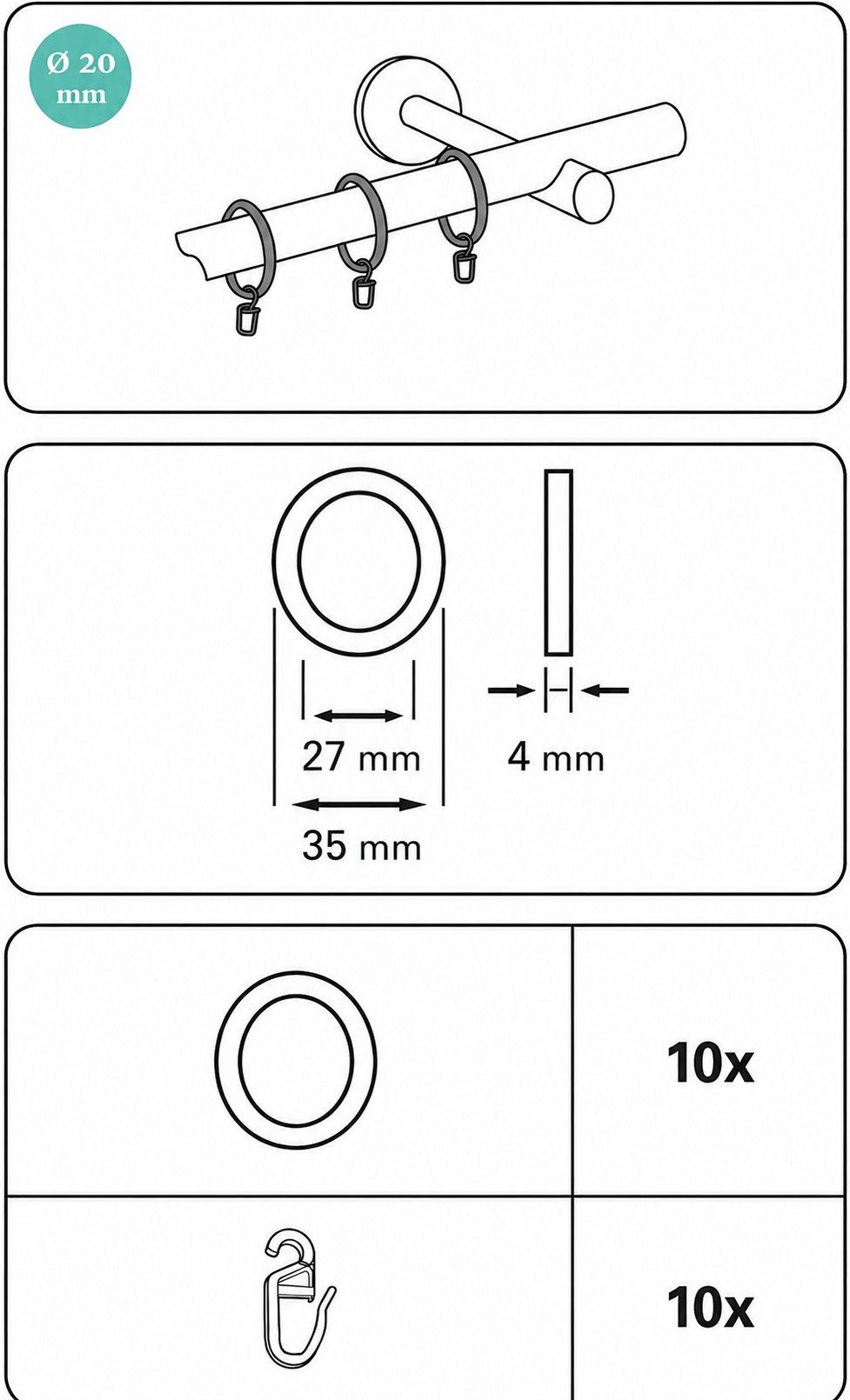 Liedeco Gardinenring Stilring mit Faltenlegehaken, Robust, Geräuscharm, Strapazierfähig