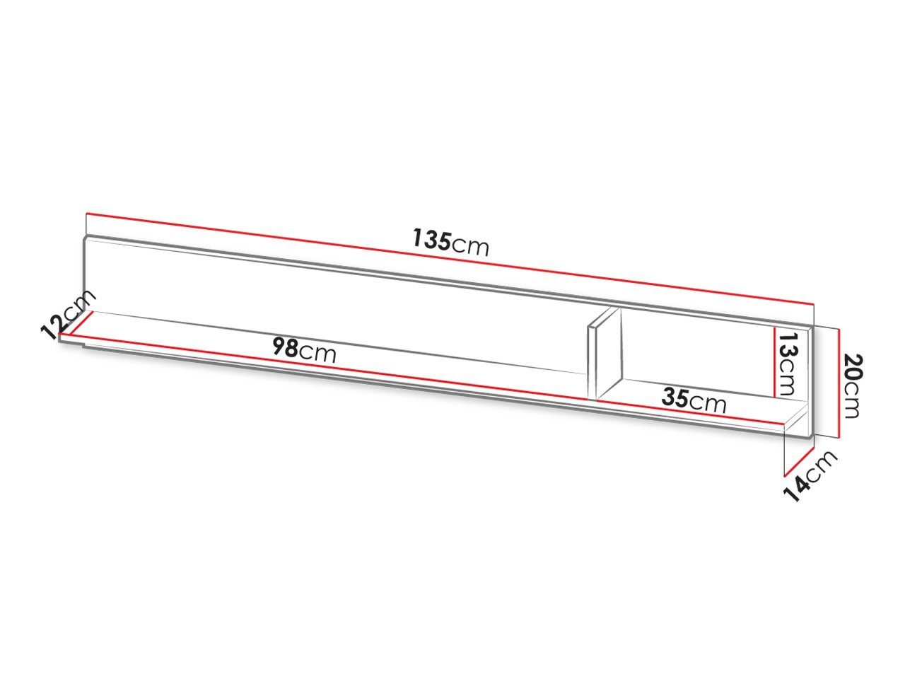 135x14x20 Preggio 03, Wandregal Mirjan24 cm